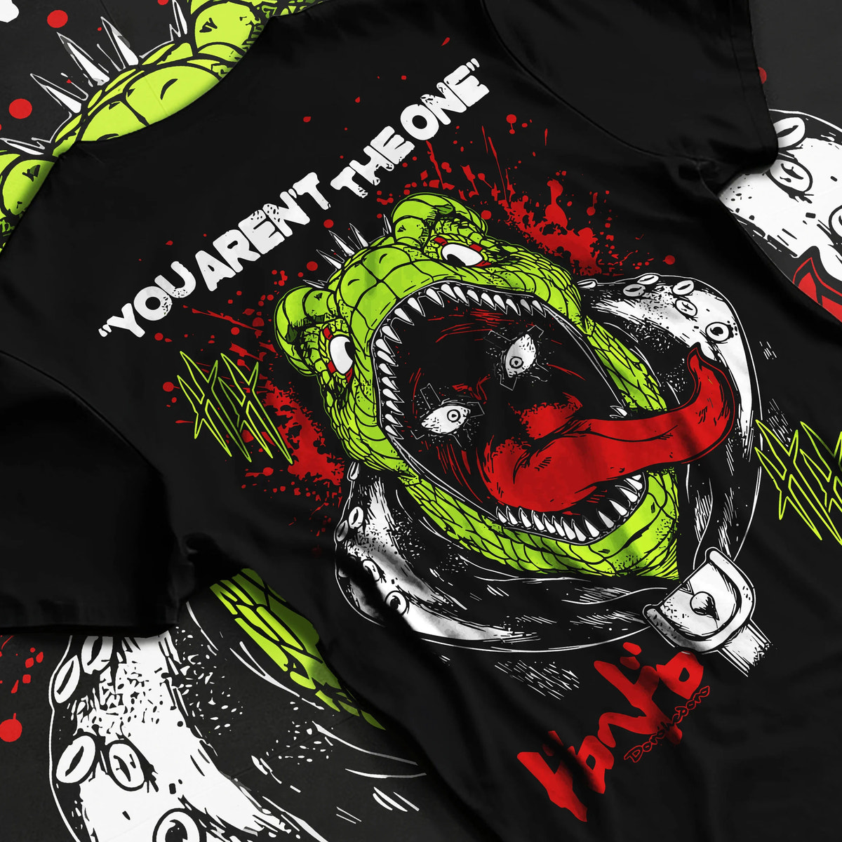 Black T-shirt flat back view showing Caiman from Dorohedoro: giant lizard-mouth grotesque poster