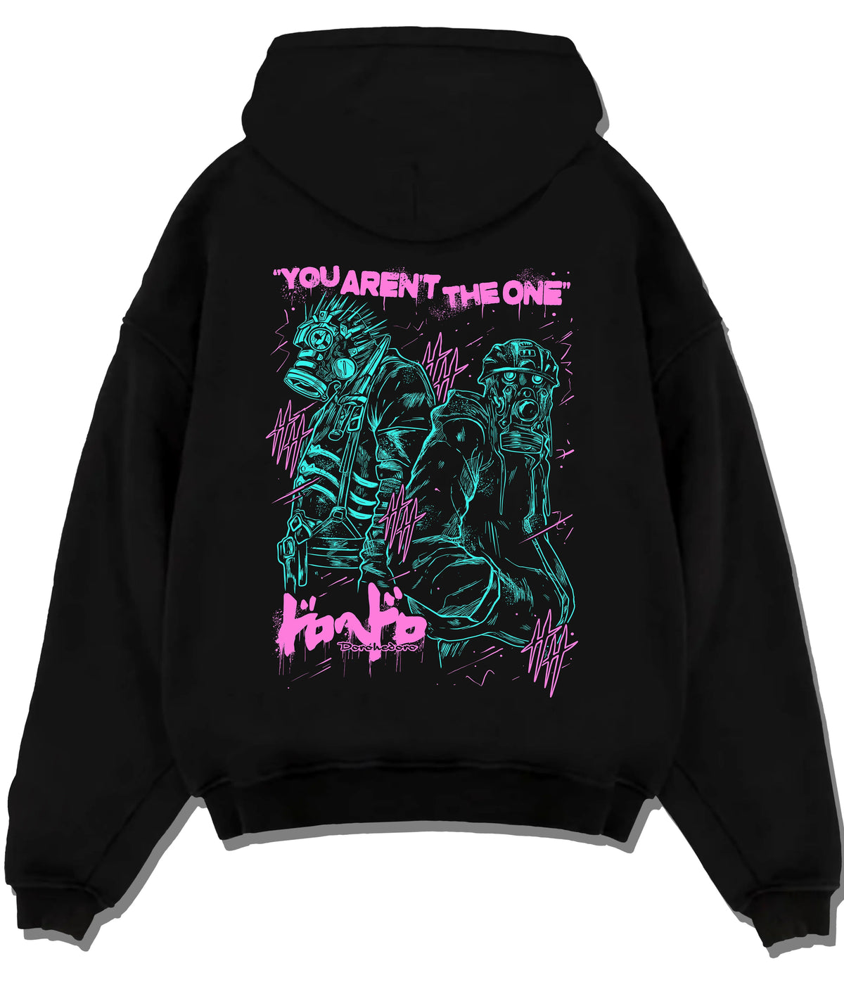 Black hoodie flat back view showing Caiman and Nikaido from Dorohedoro: dark fantasy illustration