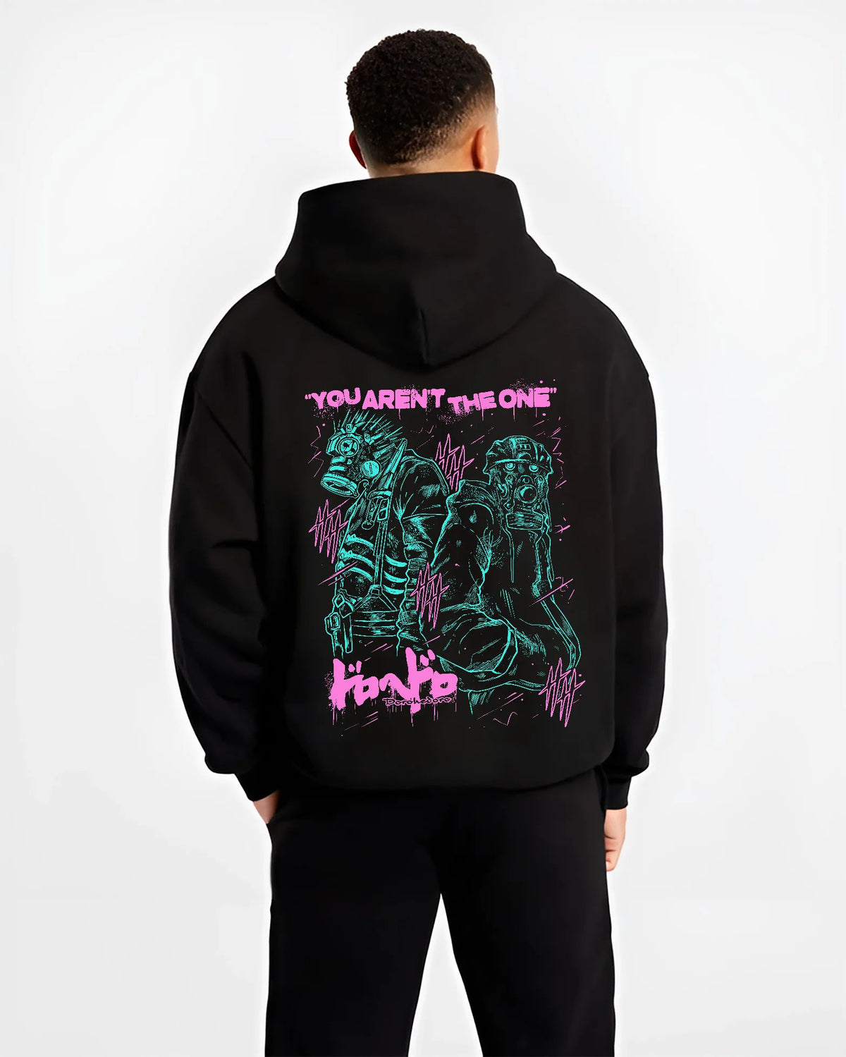 Black hoodie model back view showing Caiman and Nikaido from Dorohedoro: dark fantasy illustration
