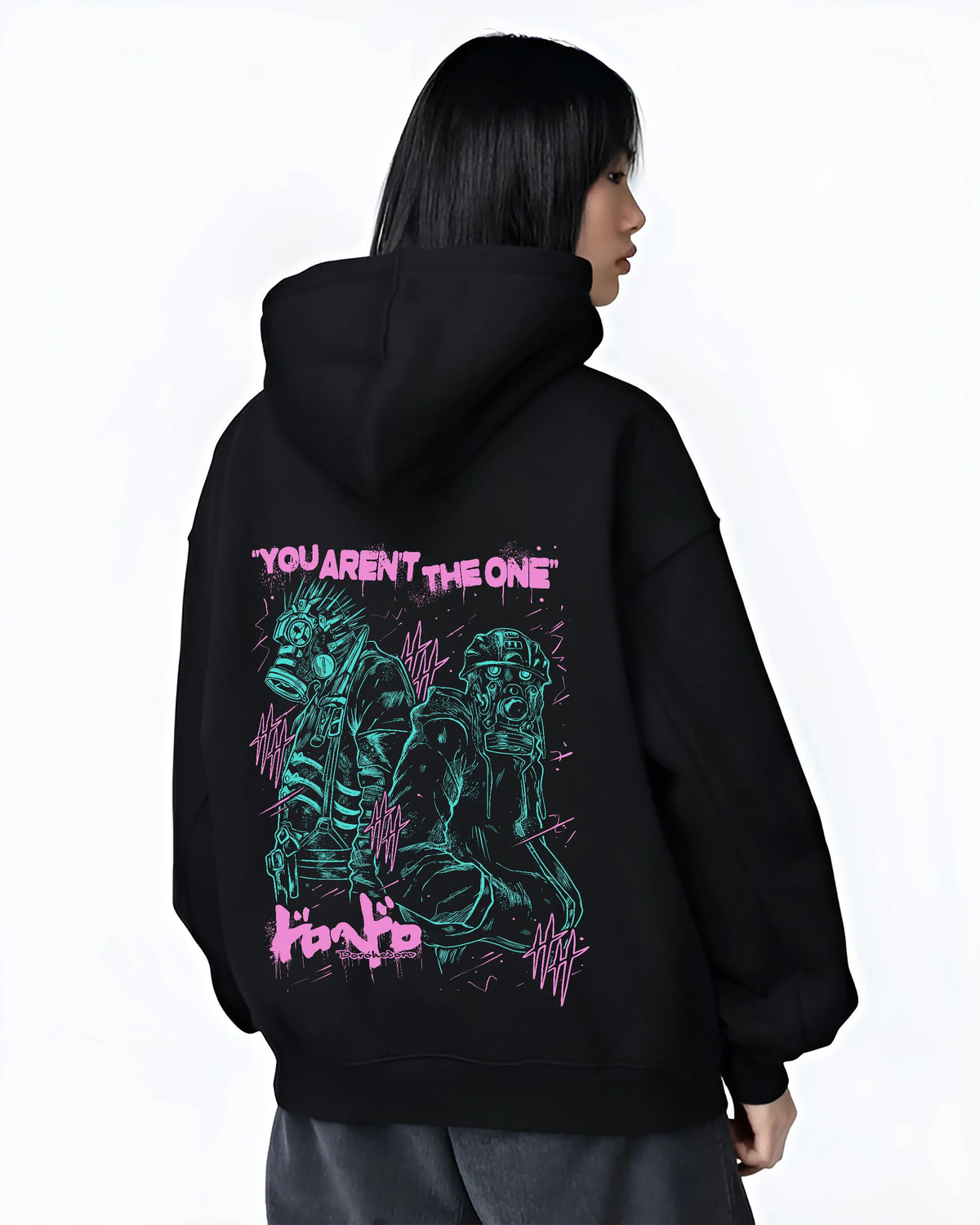 Black hoodie female model back view showing Caiman and Nikaido from Dorohedoro: dark fantasy illustration