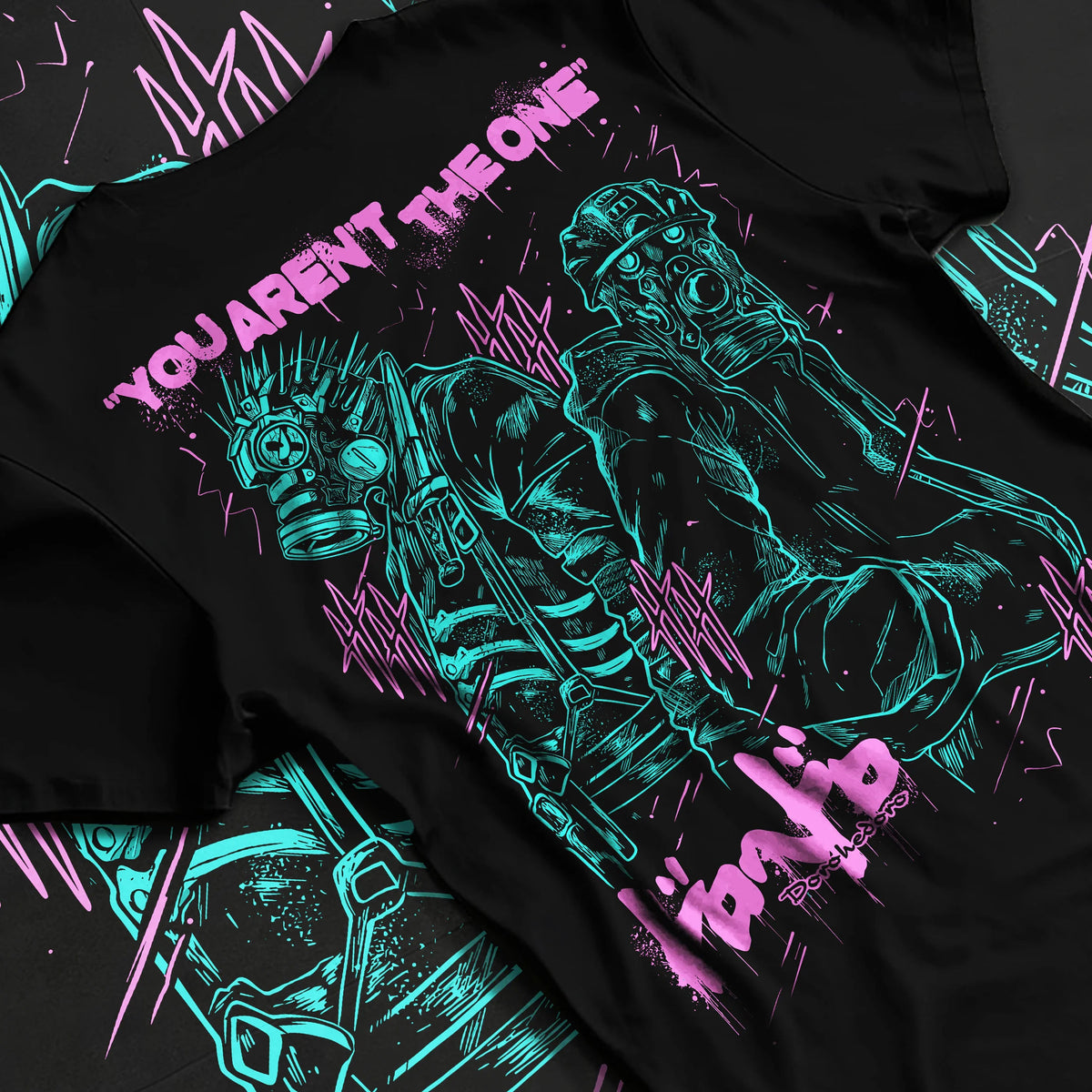 Black T-shirt flat back view showing Caiman and Nikaido from Dorohedoro: dark fantasy illustration