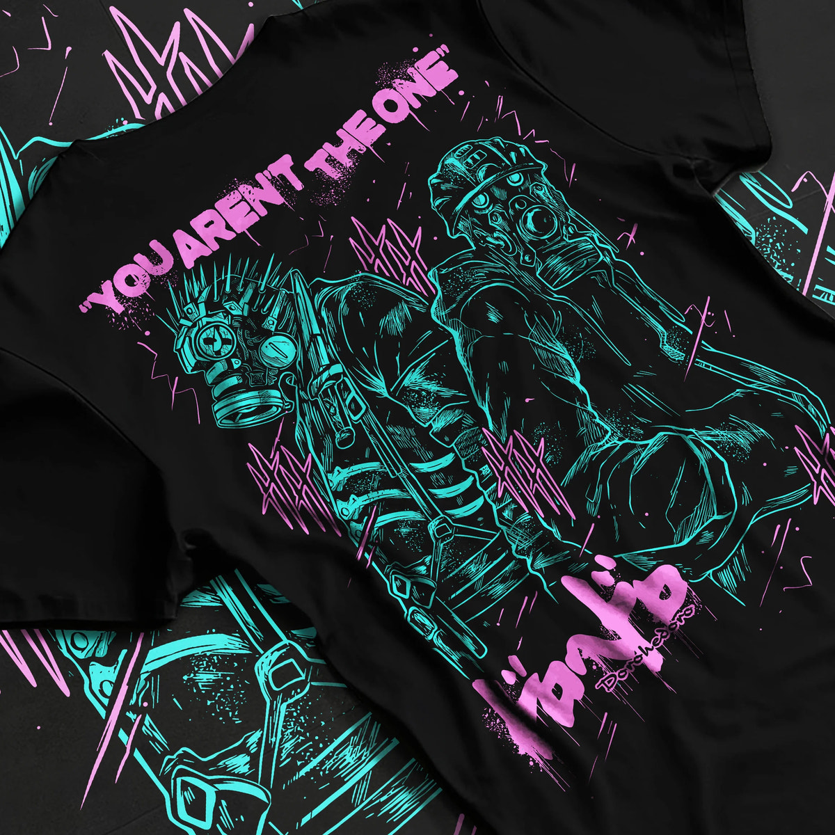 Black T-shirt flat back view showing Caiman and Nikaido from Dorohedoro: dark fantasy illustration