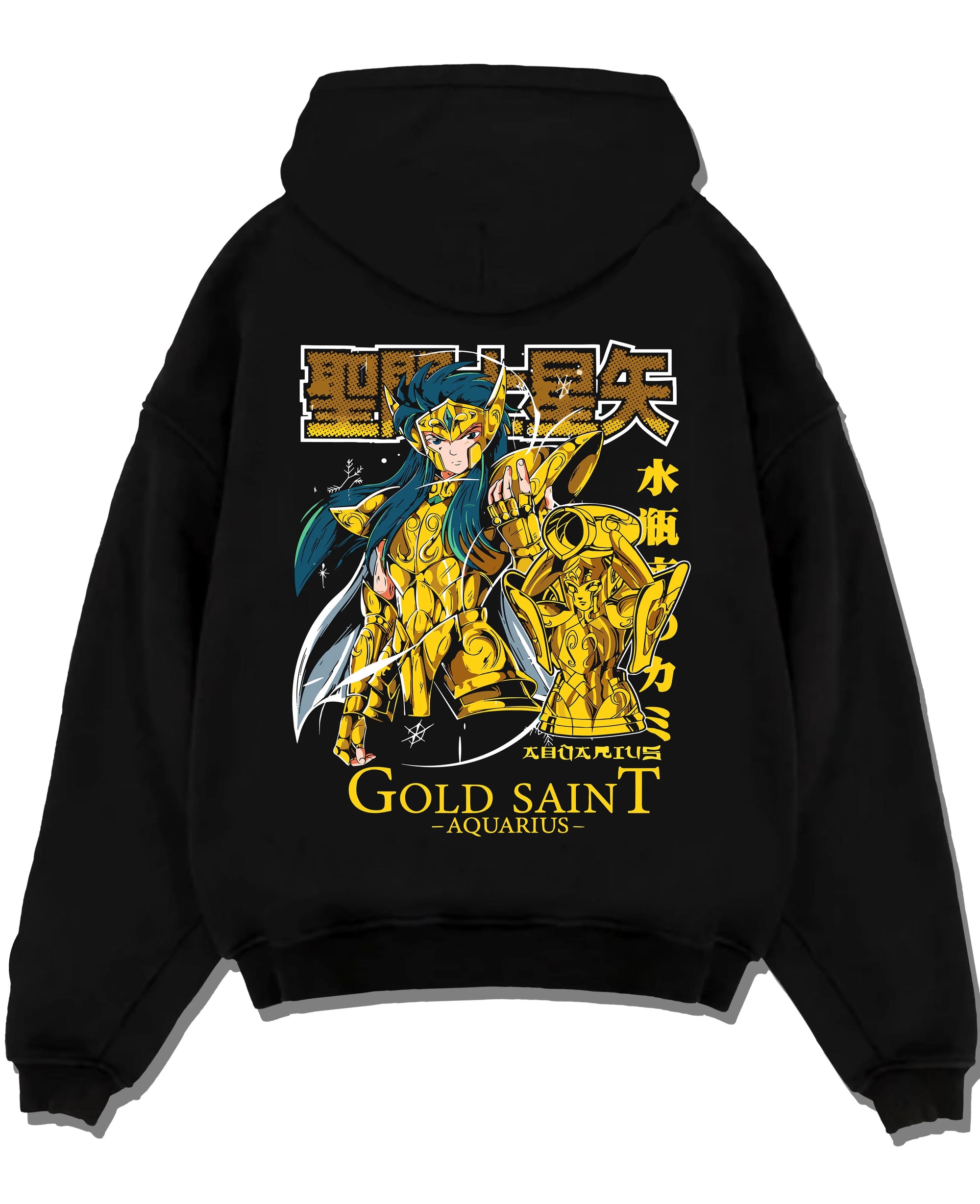 Black pullover hoodie laid flat with Aquarius Gold Saint Hoodie Saint Seiya Zodiac Armour graphic Camus anime design.