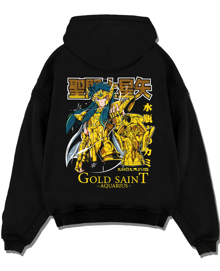Black pullover hoodie laid flat with Aquarius Gold Saint Hoodie Saint Seiya Zodiac Armour graphic Camus anime design.