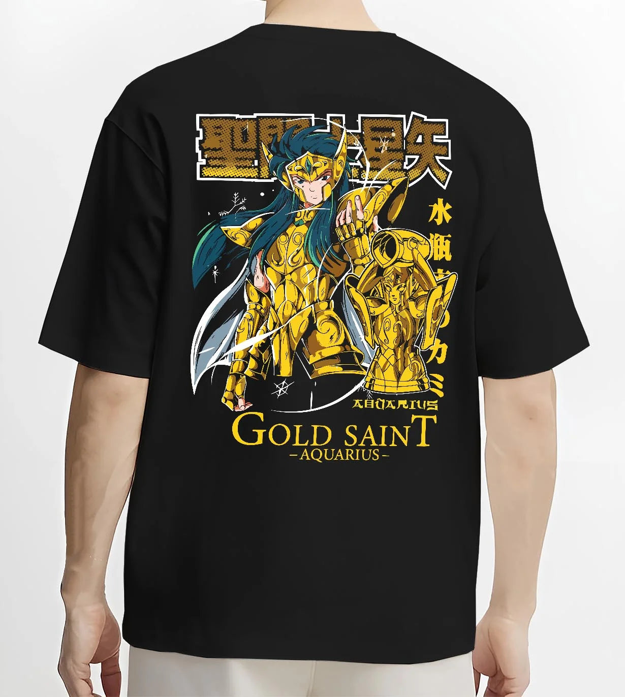 Black T-shirt worn by male model, back view with Aquarius Gold Saint Hoodie Saint Seiya Zodiac Armour graphic Camus anime design.