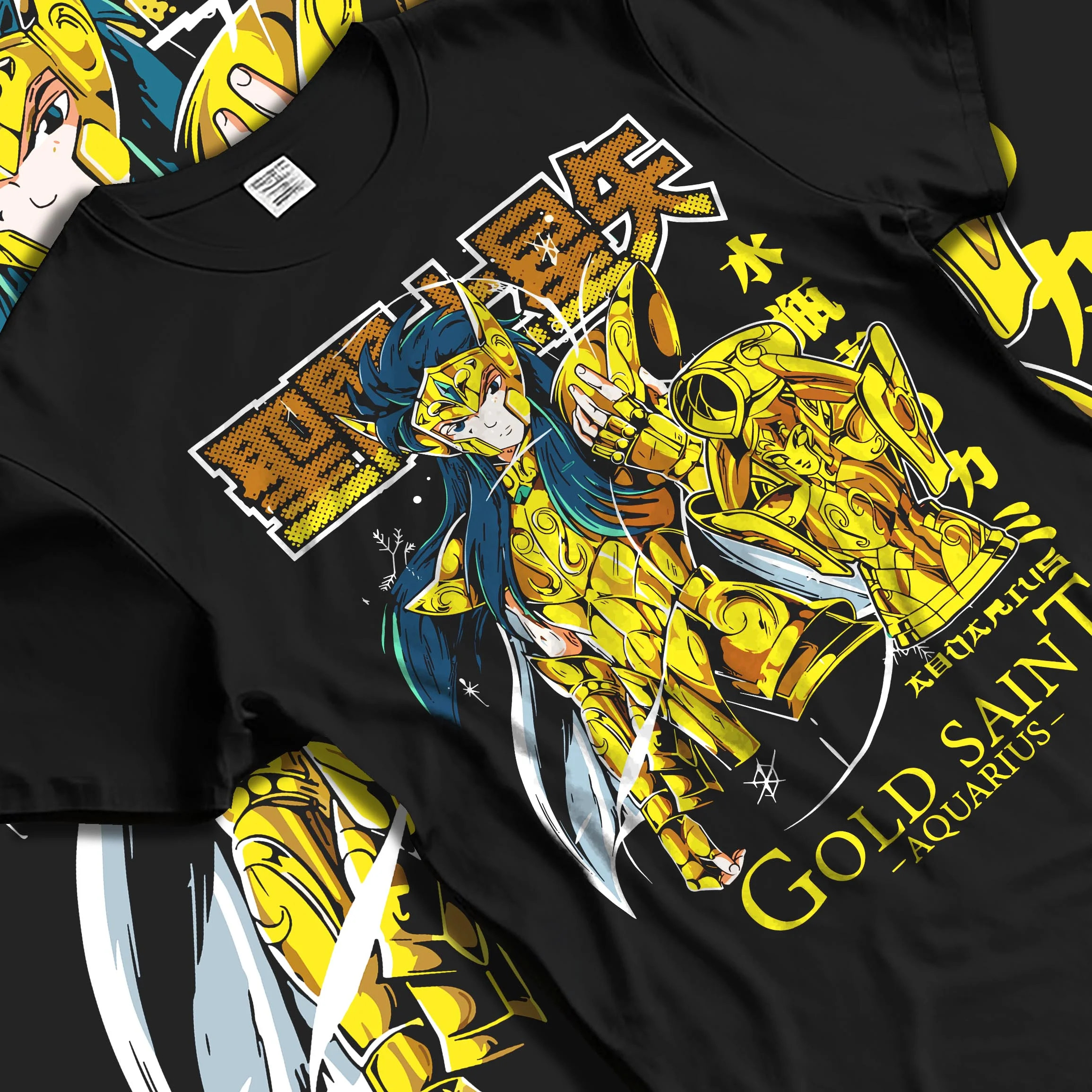 Black T-shirt laid flat with natural folds with Aquarius Gold Saint Hoodie Saint Seiya Zodiac Armour graphic Camus anime design.