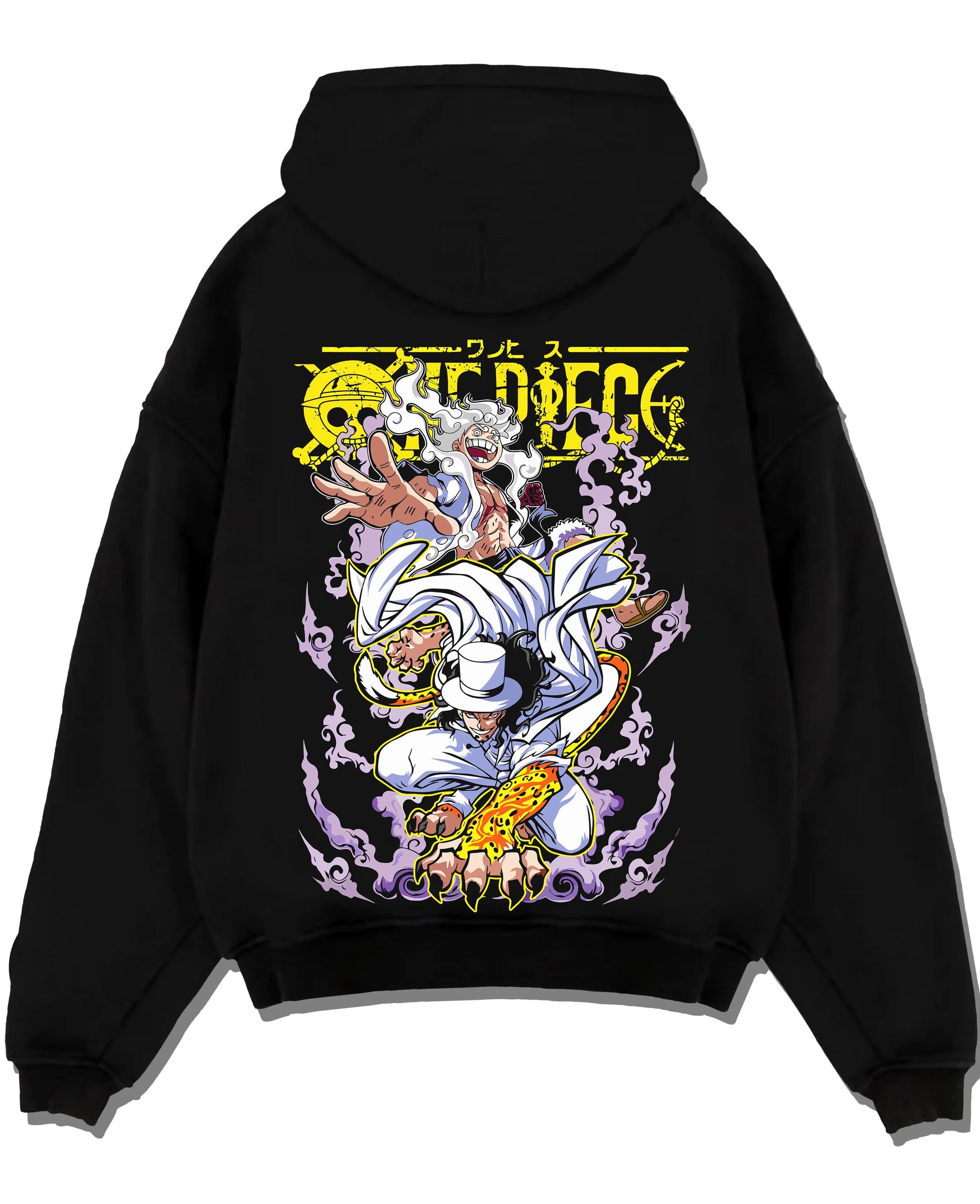 Black pullover hoodie laid flat with One Piece Hoodie Luffy vs Lucci Water Seven Jumper graphic premium wear.