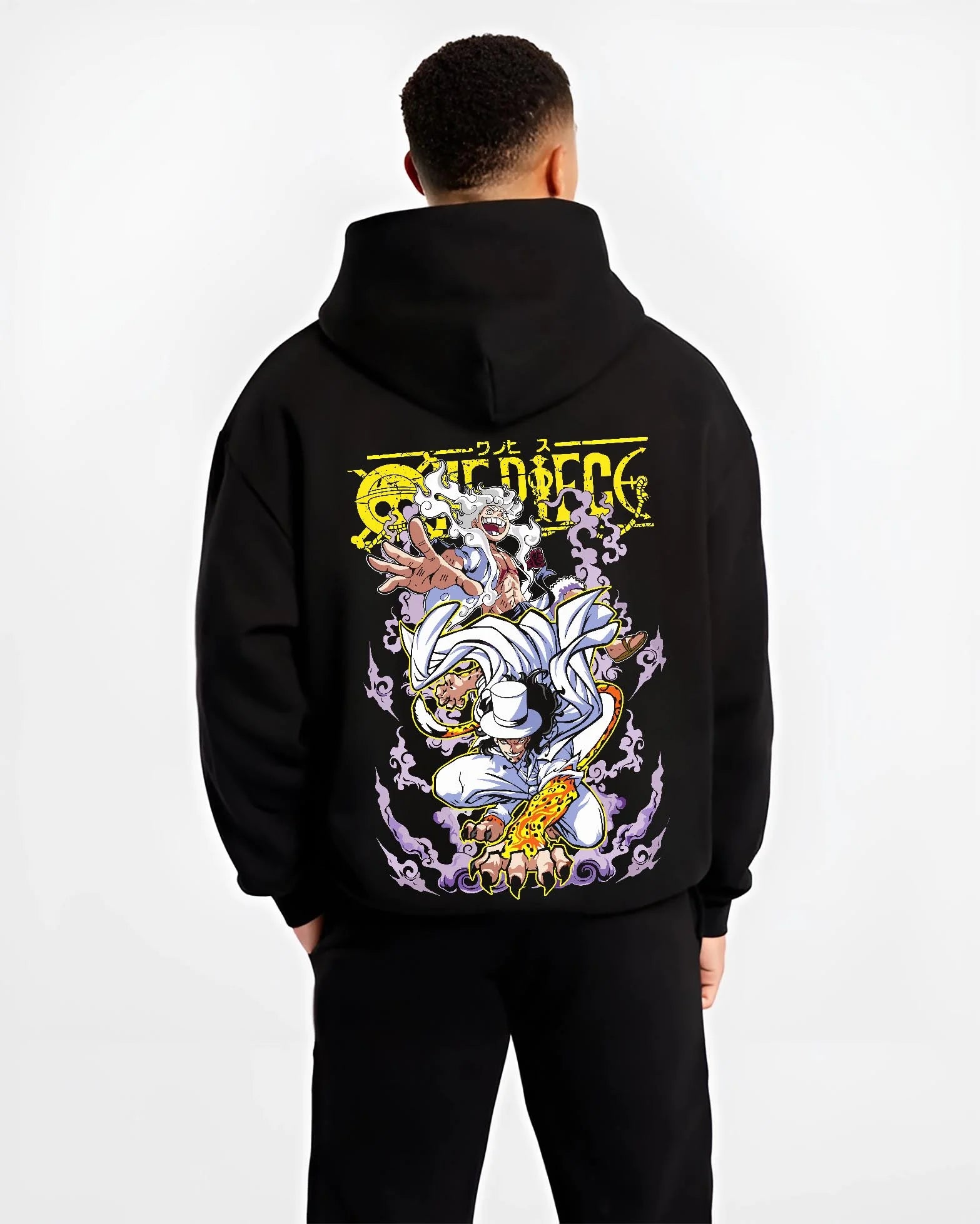 Black hoodie worn by male model, back view with One Piece Hoodie Luffy vs Lucci Water Seven Jumper graphic bold anime graphic.