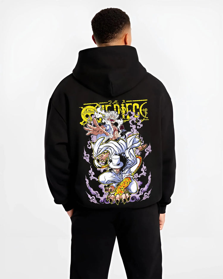 Black hoodie worn by male model, back view with One Piece Hoodie Luffy vs Lucci Water Seven Jumper graphic bold anime graphic.