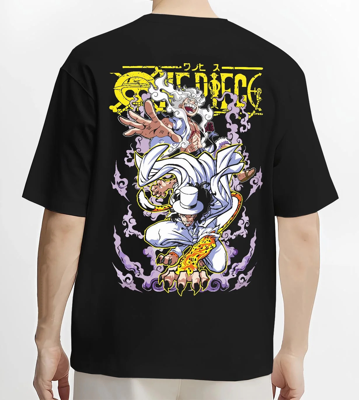 Black T-shirt worn by male model, back view with One Piece Hoodie Luffy vs Lucci Water Seven Jumper graphic premium wear.