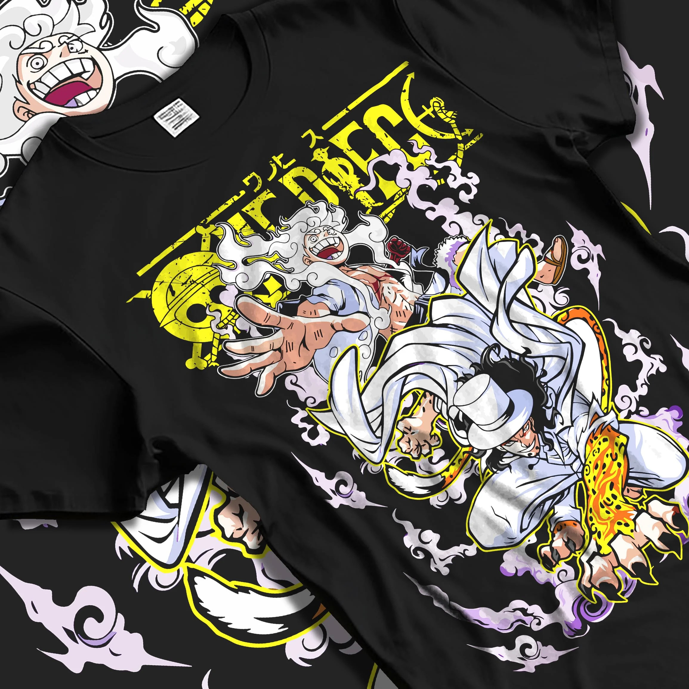 Black T-shirt laid flat with natural folds with One Piece Hoodie Luffy vs Lucci Water Seven Jumper graphic streetwear graphic.