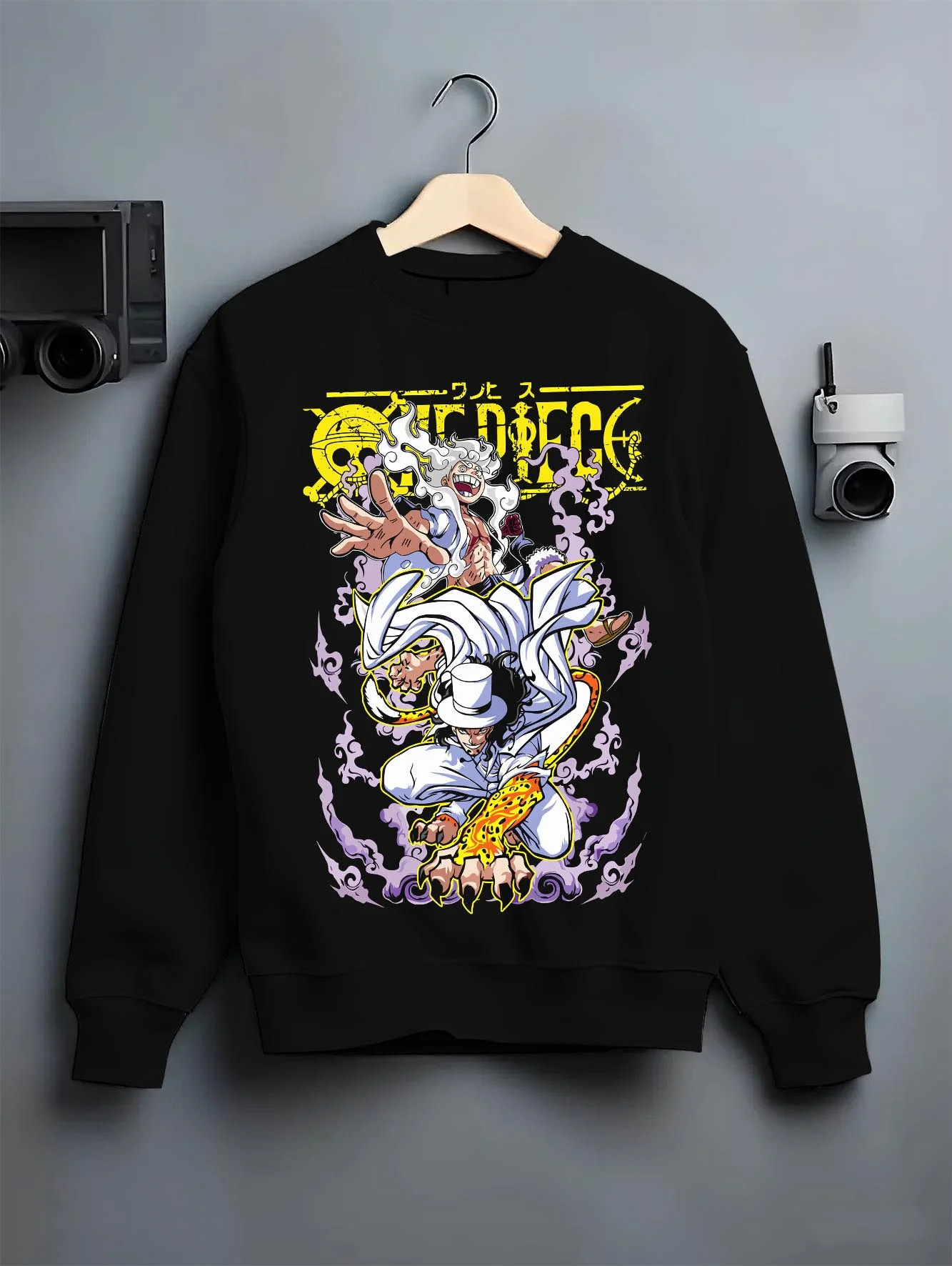 Black crewneck sweatshirt on hanger with One Piece Hoodie Luffy vs Lucci Water Seven Jumper graphic premium wear.
