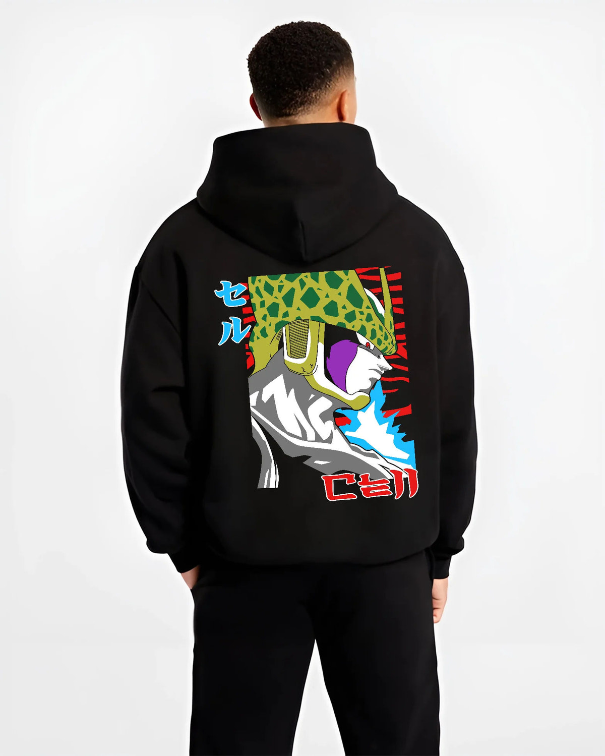 Black hoodie model back view showing Cell from Dragon Ball: Perfect Cell form