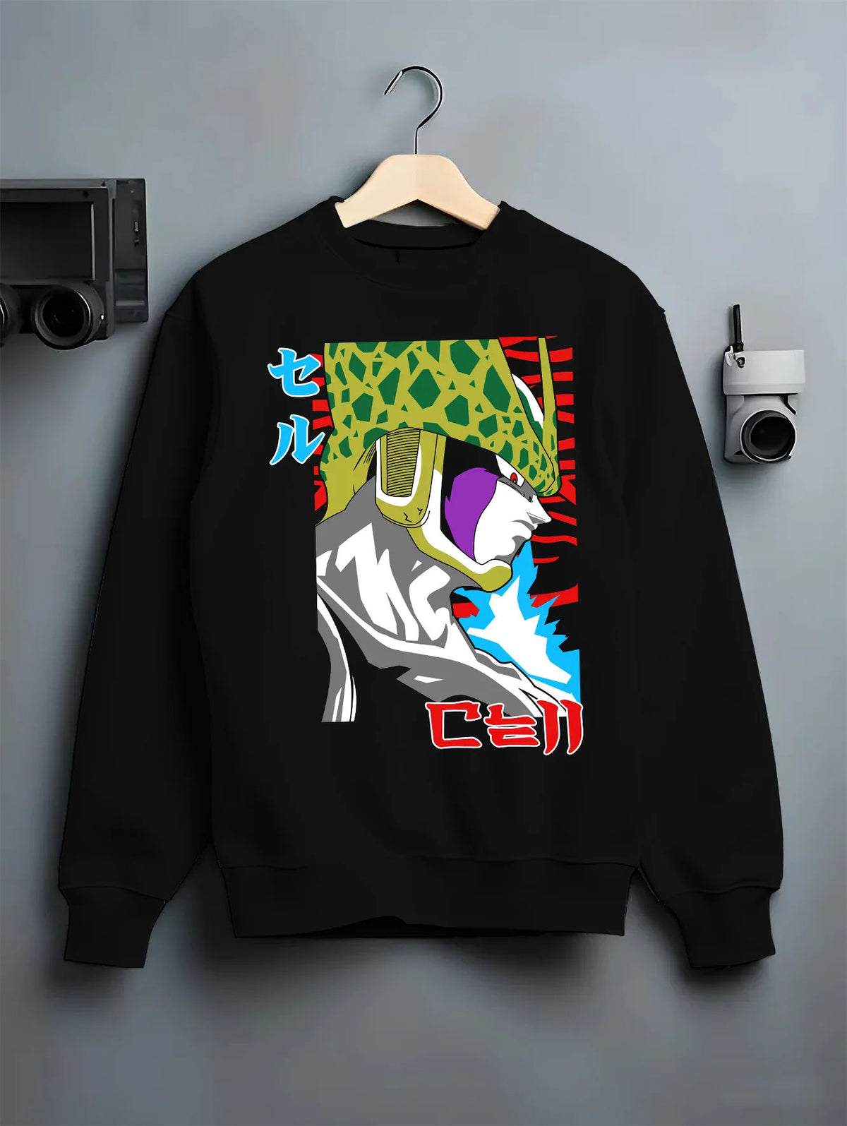 Black crewneck sweatshirt on hanger showing Cell from Dragon Ball: Perfect Cell form