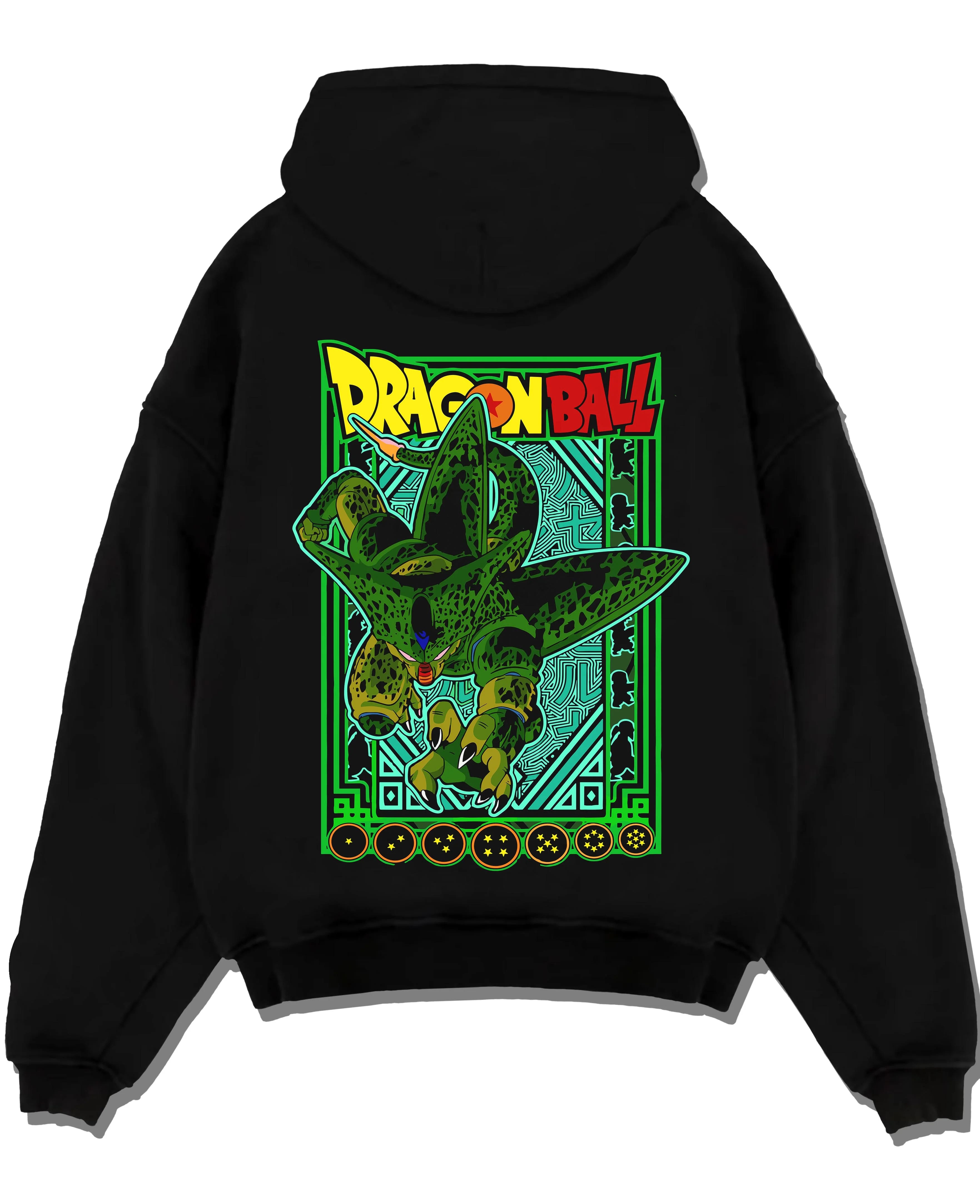 Black pullover hoodie laid flat with Perfect Cell Hoodie Dragon Ball Z Villain Power Form graphic Cell themed artwork.