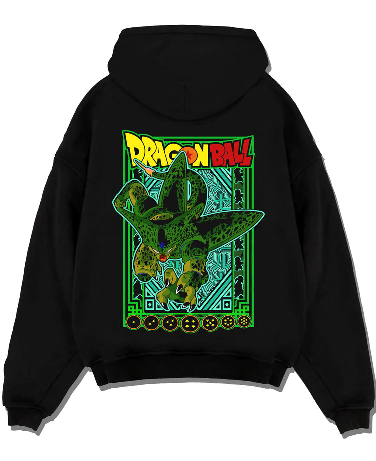 Black pullover hoodie laid flat with Perfect Cell Hoodie Dragon Ball Z Villain Power Form graphic Cell themed artwork.