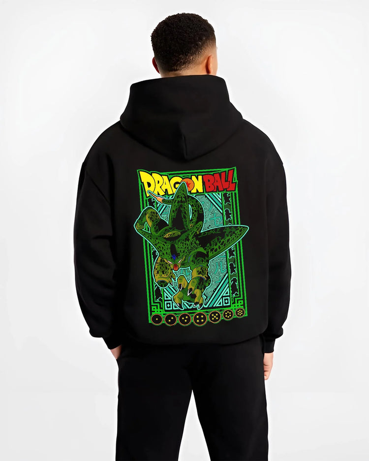 Black hoodie worn by male model, back view with Perfect Cell Hoodie Dragon Ball Z Villain Power Form graphic premium wear.