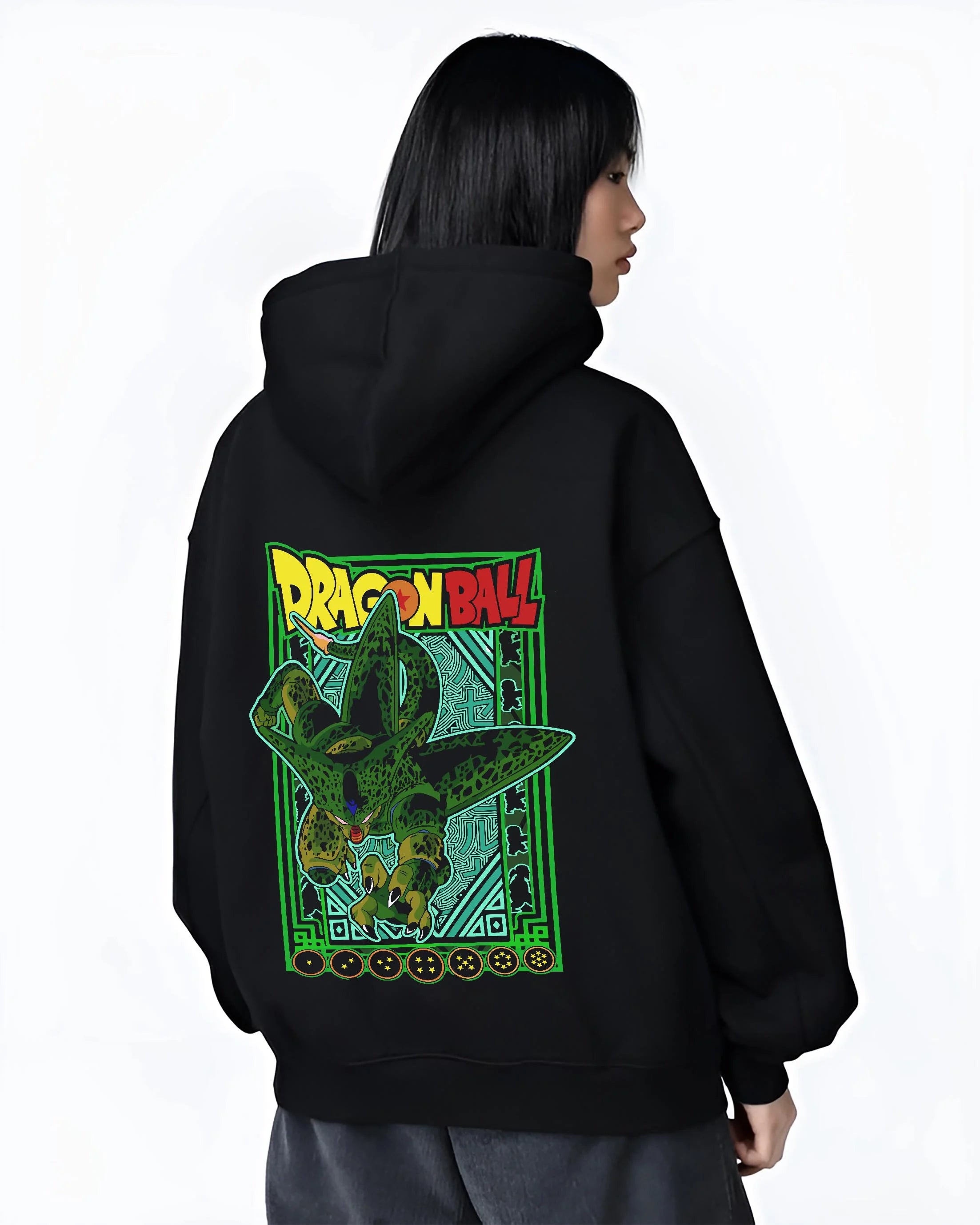 Black hoodie worn by female model, back view with Perfect Cell Hoodie Dragon Ball Z Villain Power Form graphic premium wear.
