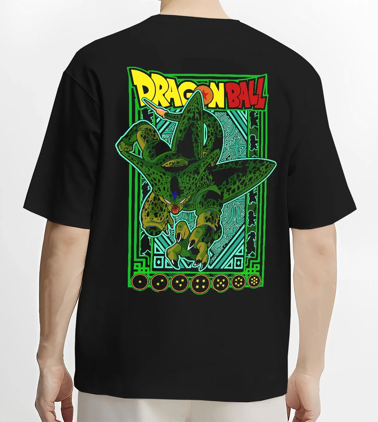 Black T-shirt worn by male model, back view with Perfect Cell Hoodie Dragon Ball Z Villain Power Form graphic premium wear.
