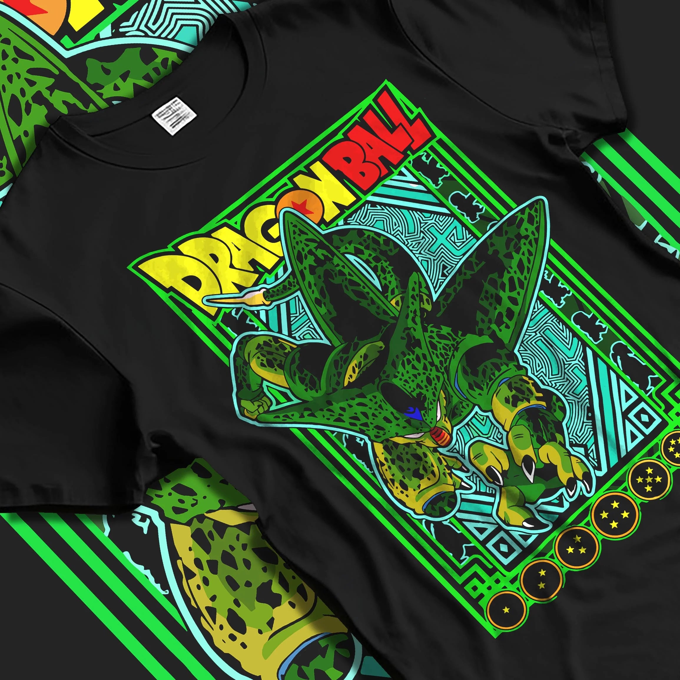 Black T-shirt laid flat with natural folds with Perfect Cell Hoodie Dragon Ball Z Villain Power Form graphic streetwear graphic.
