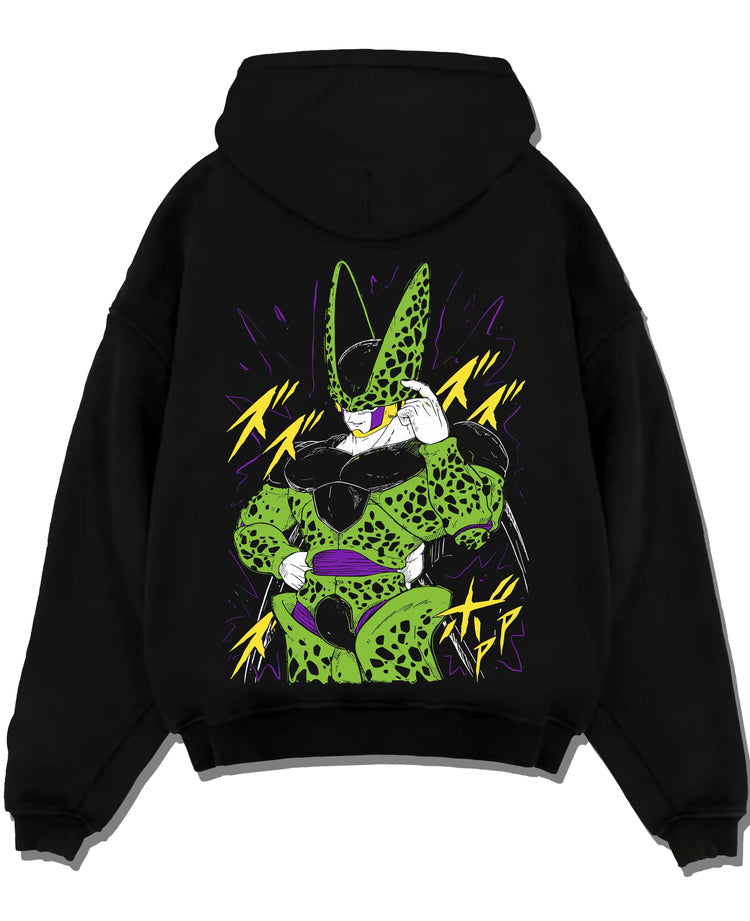 Black pullover hoodie laid flat with Cell Second Form Hoodie Dragon Ball Z Villain Stance graphic premium wear.