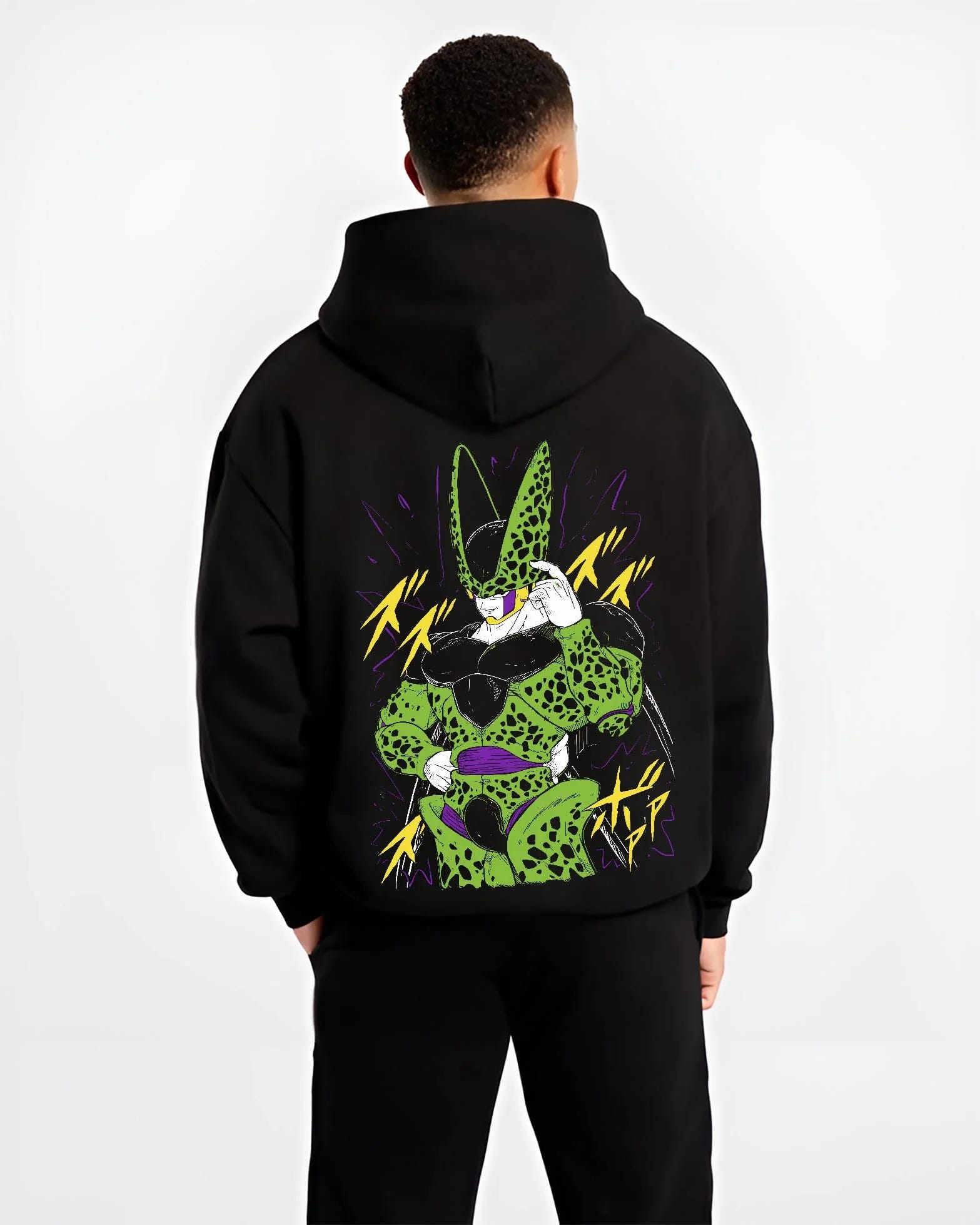 Black hoodie worn by male model, back view with Cell Second Form Hoodie Dragon Ball Z Villain Stance graphic premium wear.