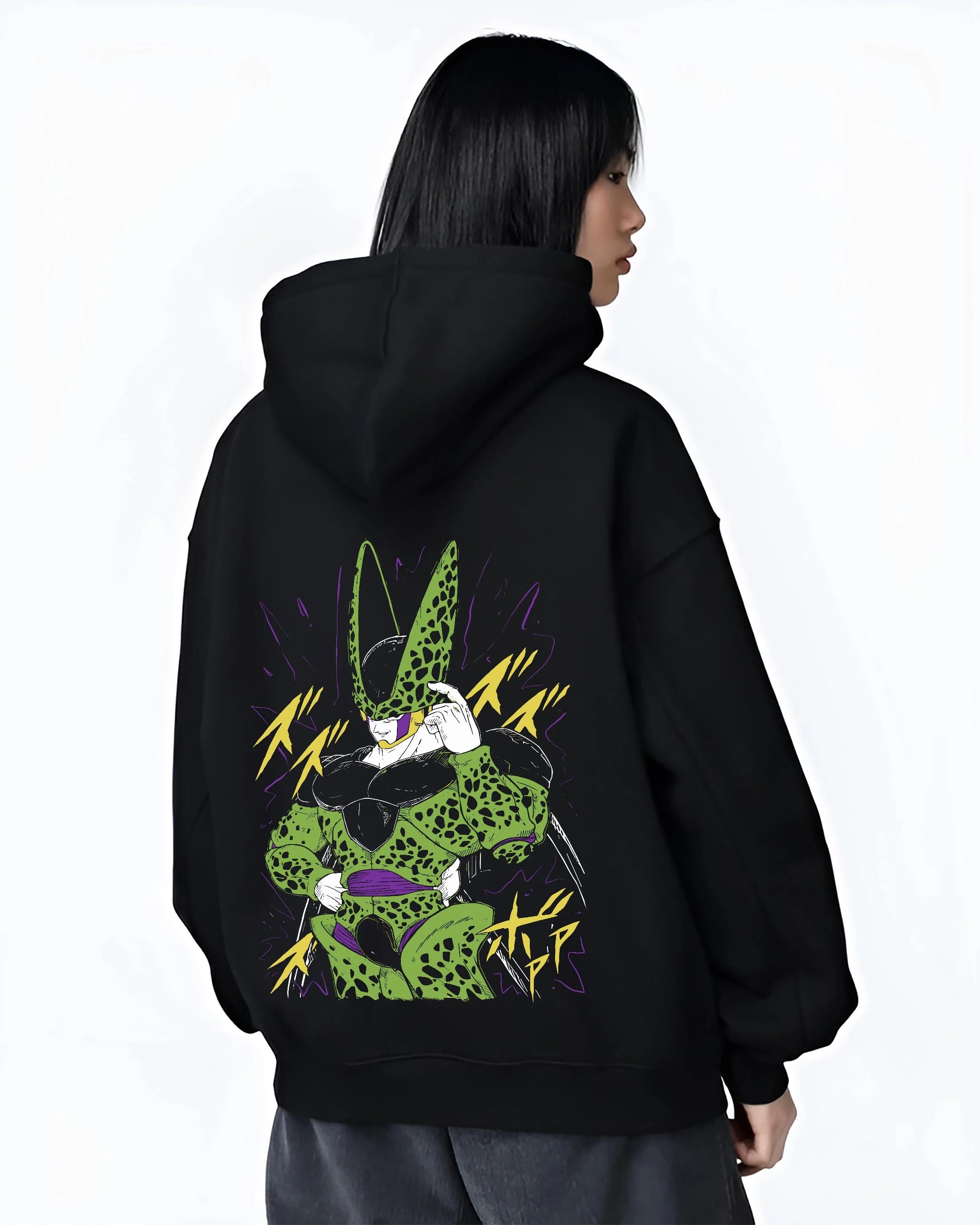 Black hoodie worn by female model, back view with Cell Second Form Hoodie Dragon Ball Z Villain Stance graphic Cell anime design.