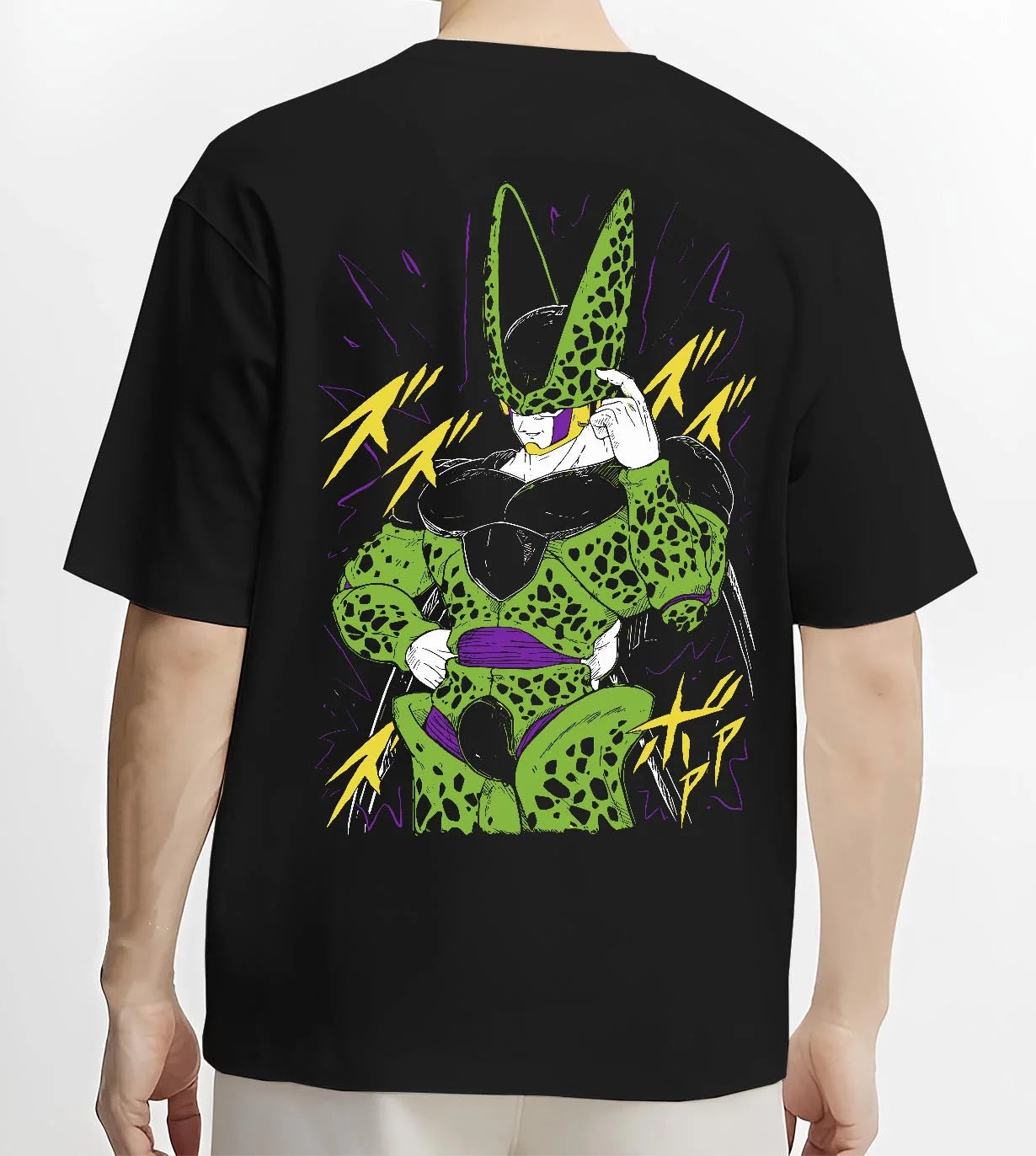 Black T-shirt worn by male model, back view with Cell Second Form Hoodie Dragon Ball Z Villain Stance graphic Cell themed artwork.