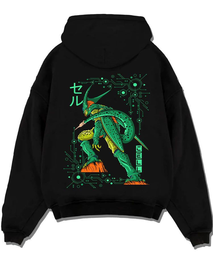 Black pullover hoodie laid flat with Cell Hoodie Dragon Ball Z Perfect Villain Evolution graphic premium wear.