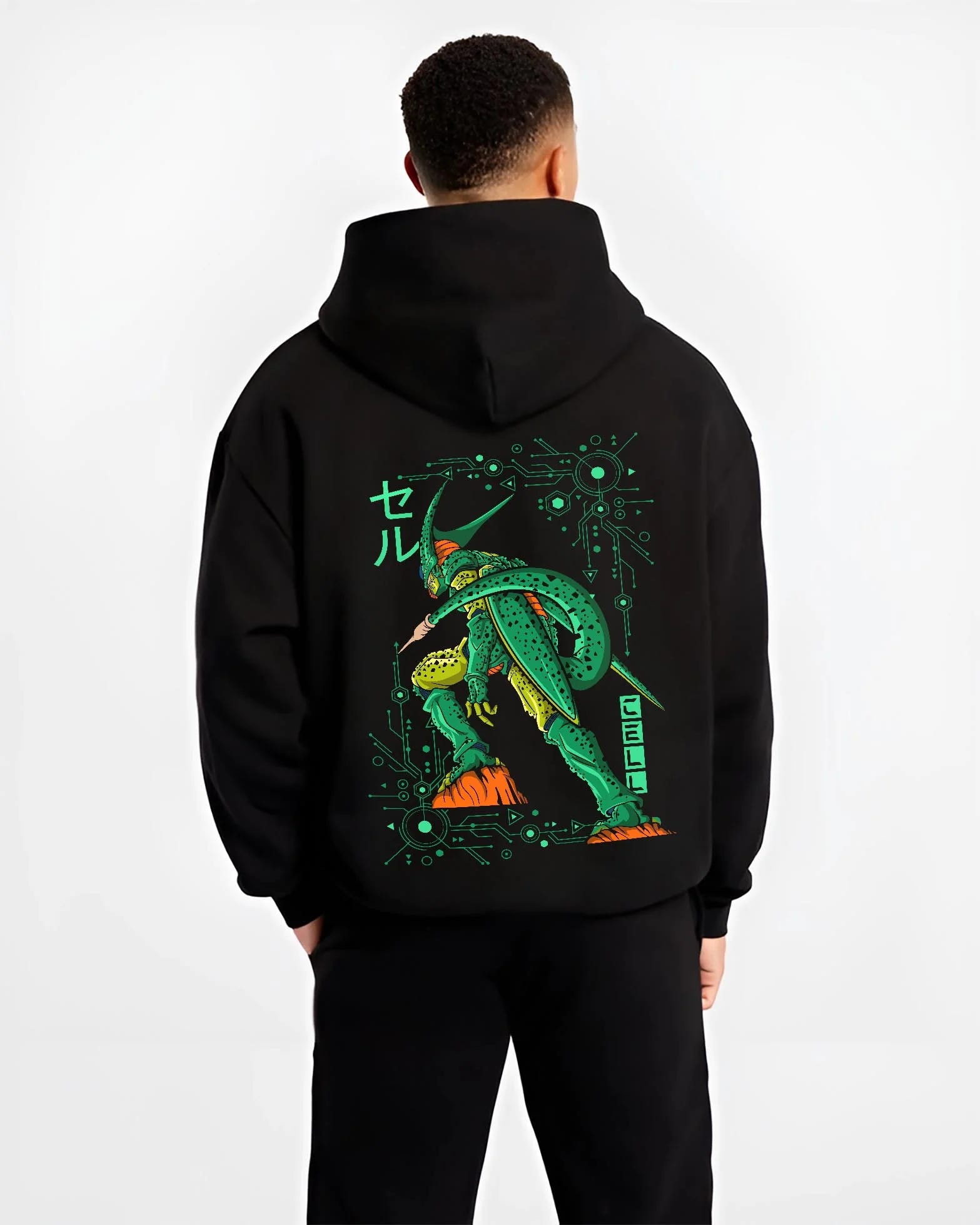 Black hoodie worn by male model, back view with Cell Hoodie Dragon Ball Z Perfect Villain Evolution graphic Cell themed artwork.