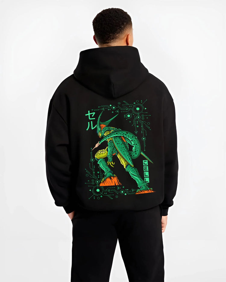 Black hoodie worn by male model, back view with Cell Hoodie Dragon Ball Z Perfect Villain Evolution graphic Cell themed artwork.