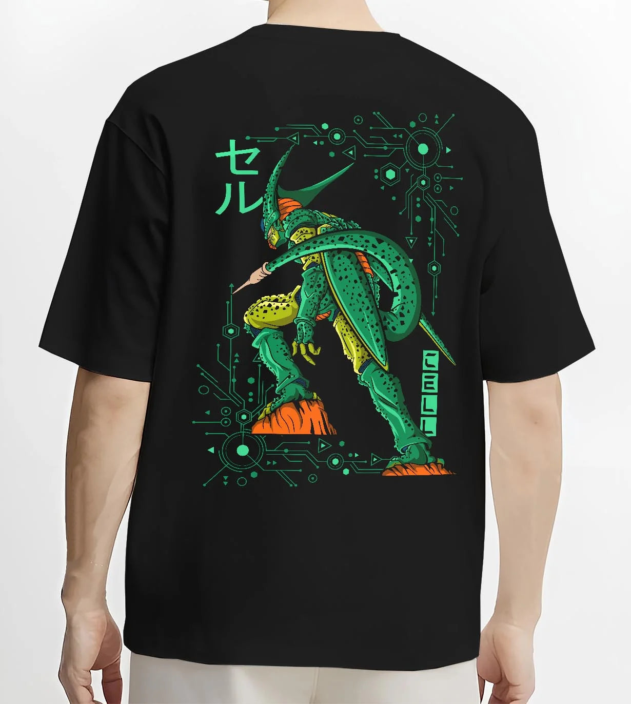 Black T-shirt worn by male model, back view with Cell Hoodie Dragon Ball Z Perfect Villain Evolution graphic streetwear graphic.