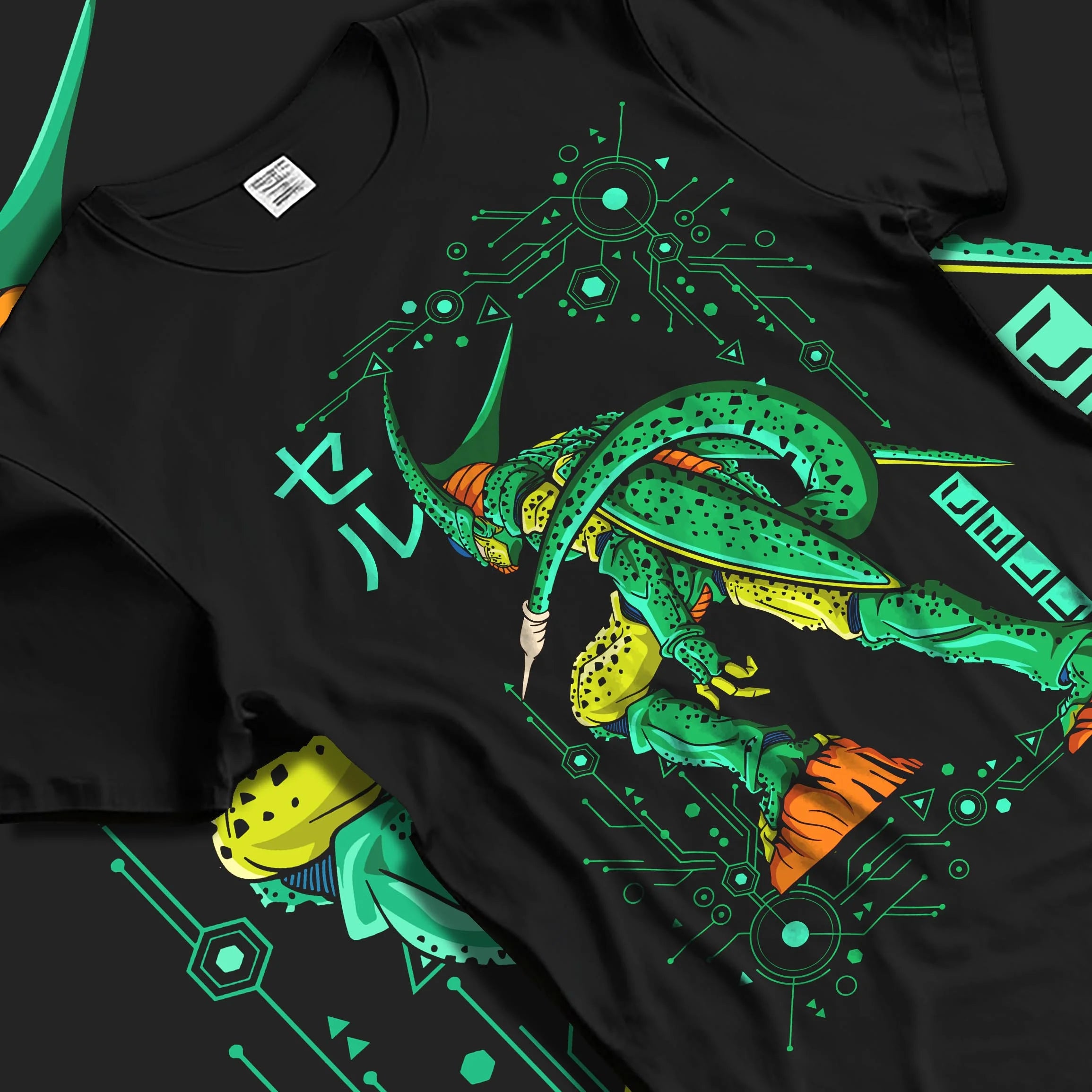 Black T-shirt laid flat with natural folds with Cell Hoodie Dragon Ball Z Perfect Villain Evolution graphic premium wear.