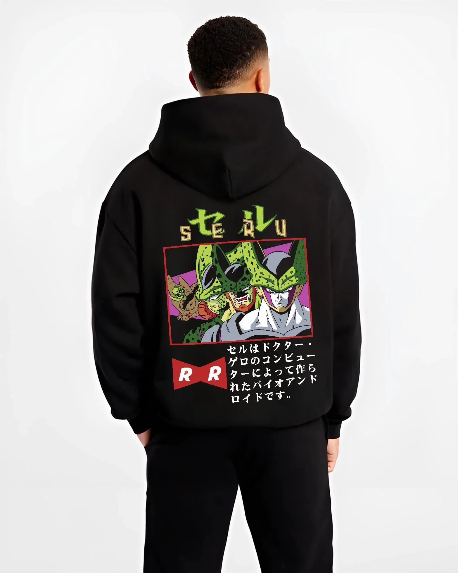 Black hoodie worn by male model, back view with Cell Hoodie Dragon Ball Z Villain Android Creation graphic Cell anime design.