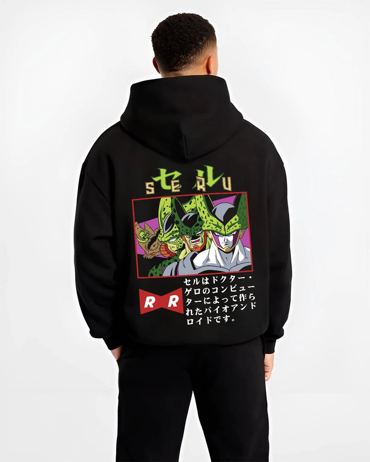 Black hoodie worn by male model, back view with Cell Hoodie Dragon Ball Z Villain Android Creation graphic Cell anime design.