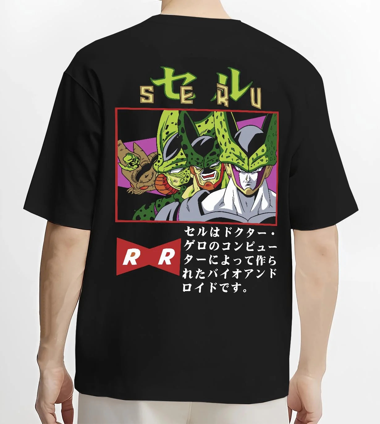 Black T-shirt worn by male model, back view with Cell Hoodie Dragon Ball Z Villain Android Creation graphic Cell anime design.