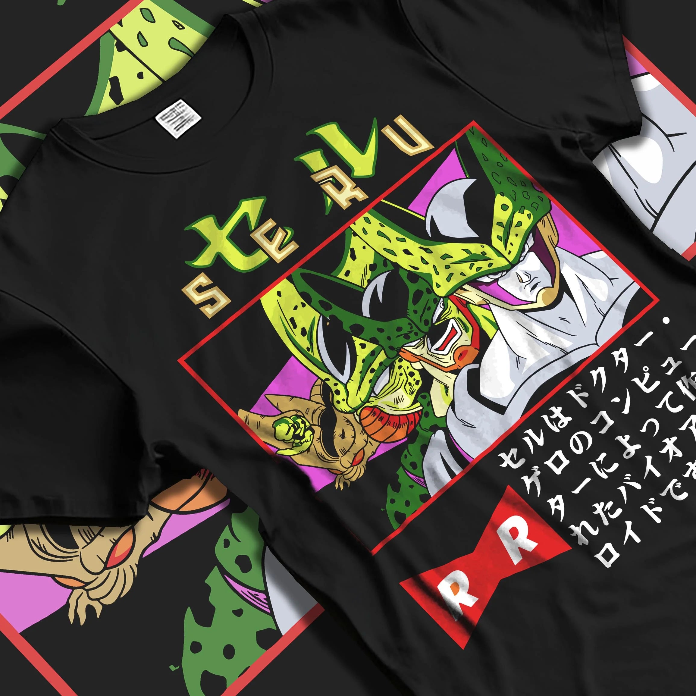 Black T-shirt laid flat with natural folds with Cell Hoodie Dragon Ball Z Villain Android Creation graphic premium wear.