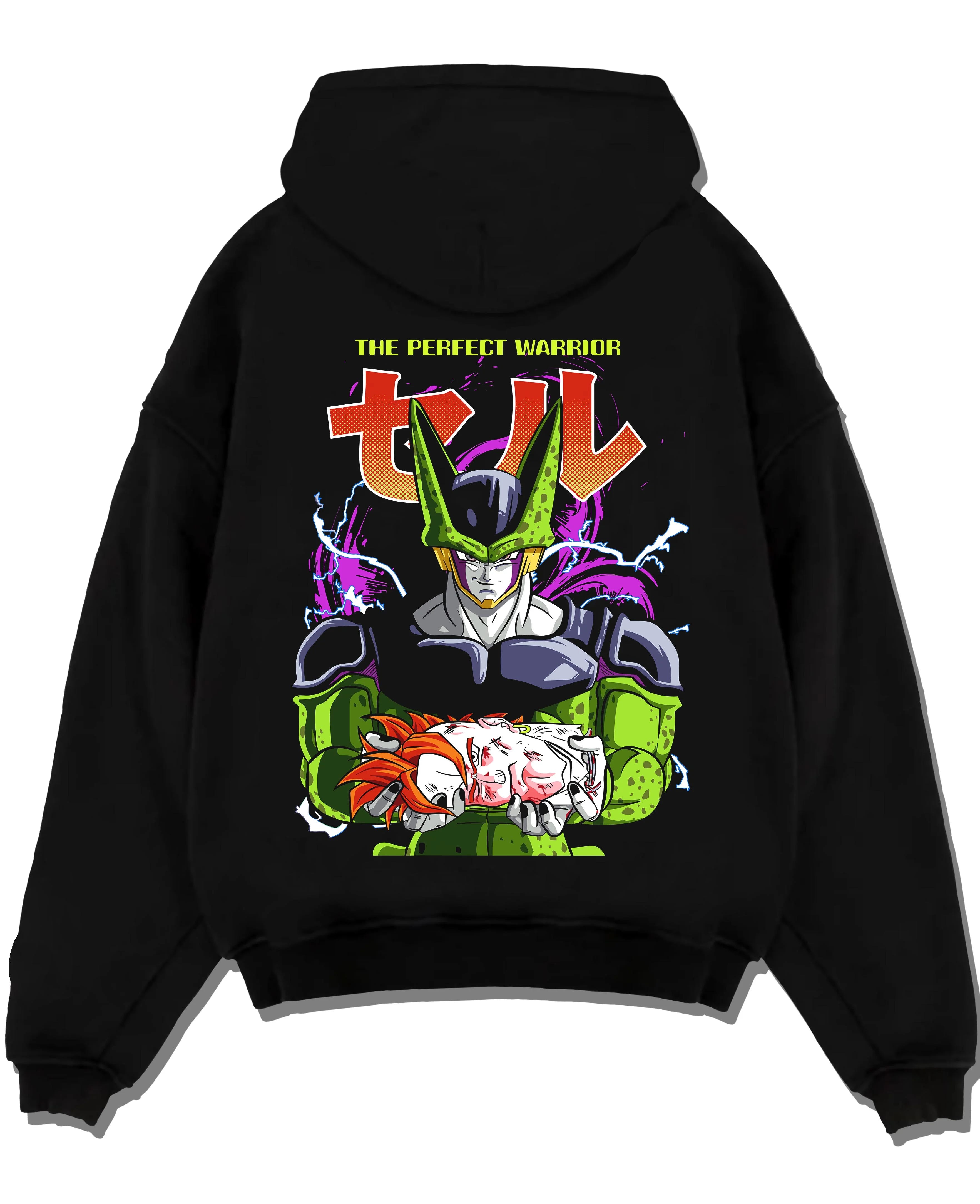 Black pullover hoodie laid flat with Perfect Cell Hoodie Dragon Ball Z Warrior Form Pose graphic premium wear.