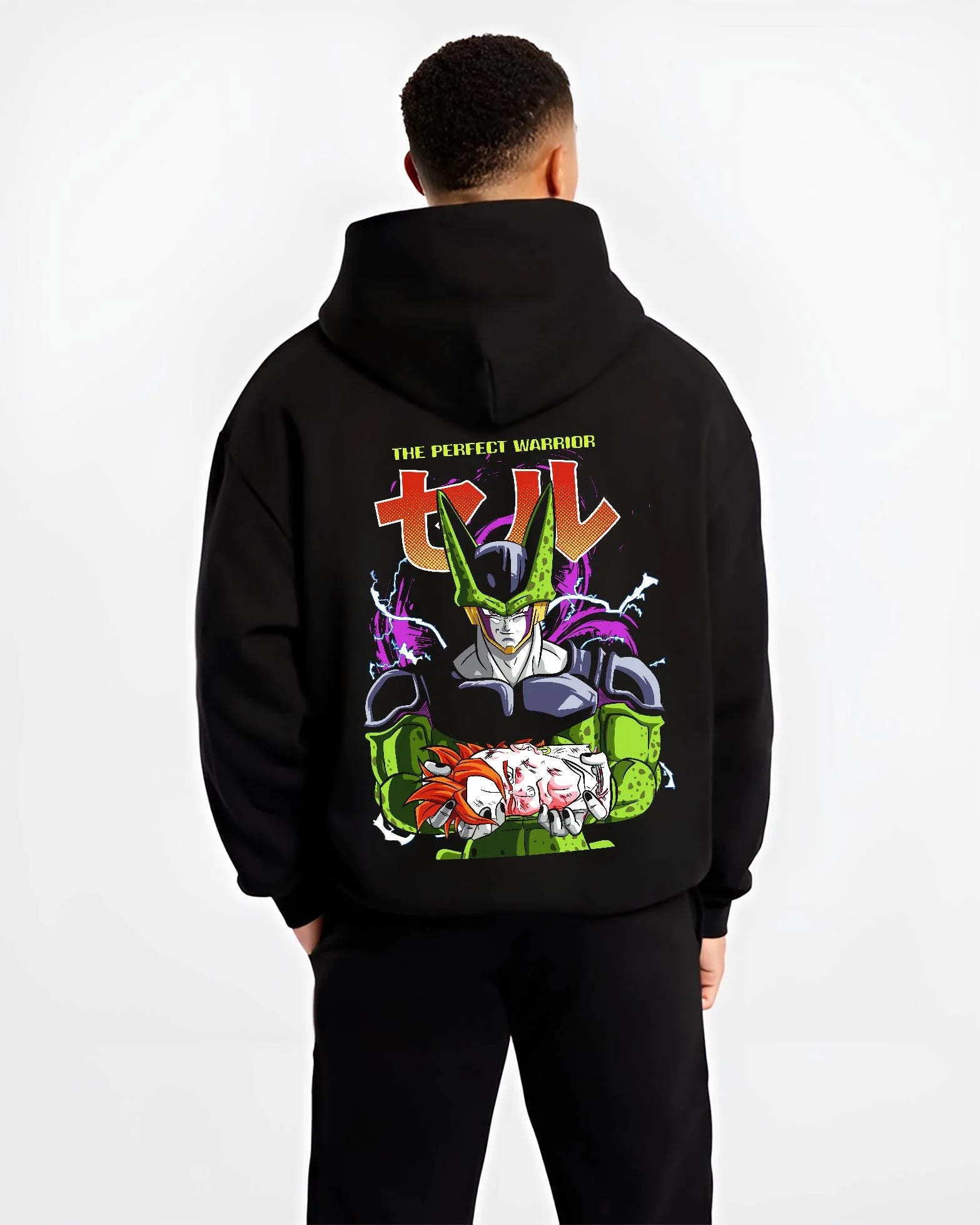 Black hoodie worn by male model, back view with Perfect Cell Hoodie Dragon Ball Z Warrior Form Pose graphic streetwear graphic.