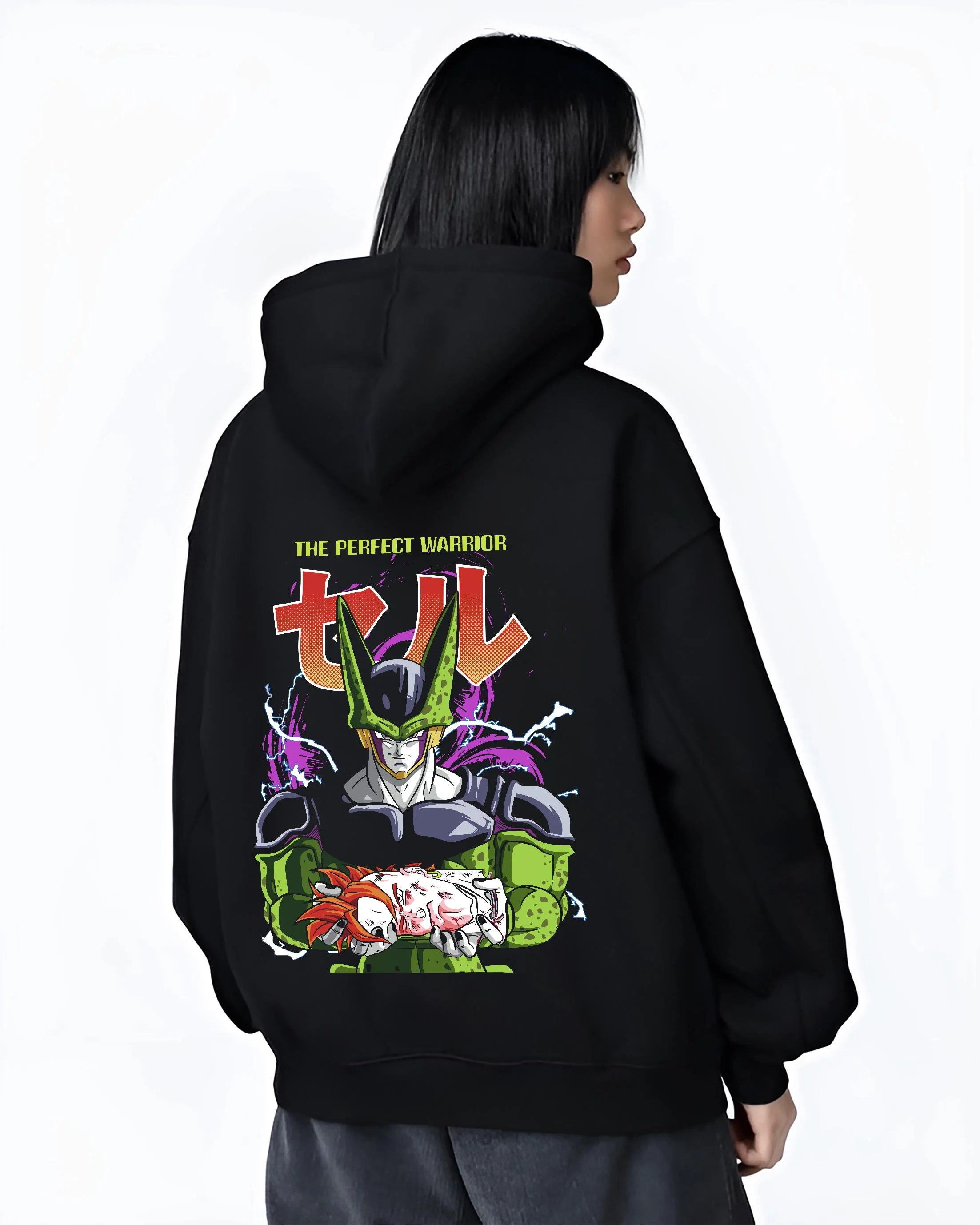 Black hoodie worn by female model, back view with Perfect Cell Hoodie Dragon Ball Z Warrior Form Pose graphic streetwear graphic.