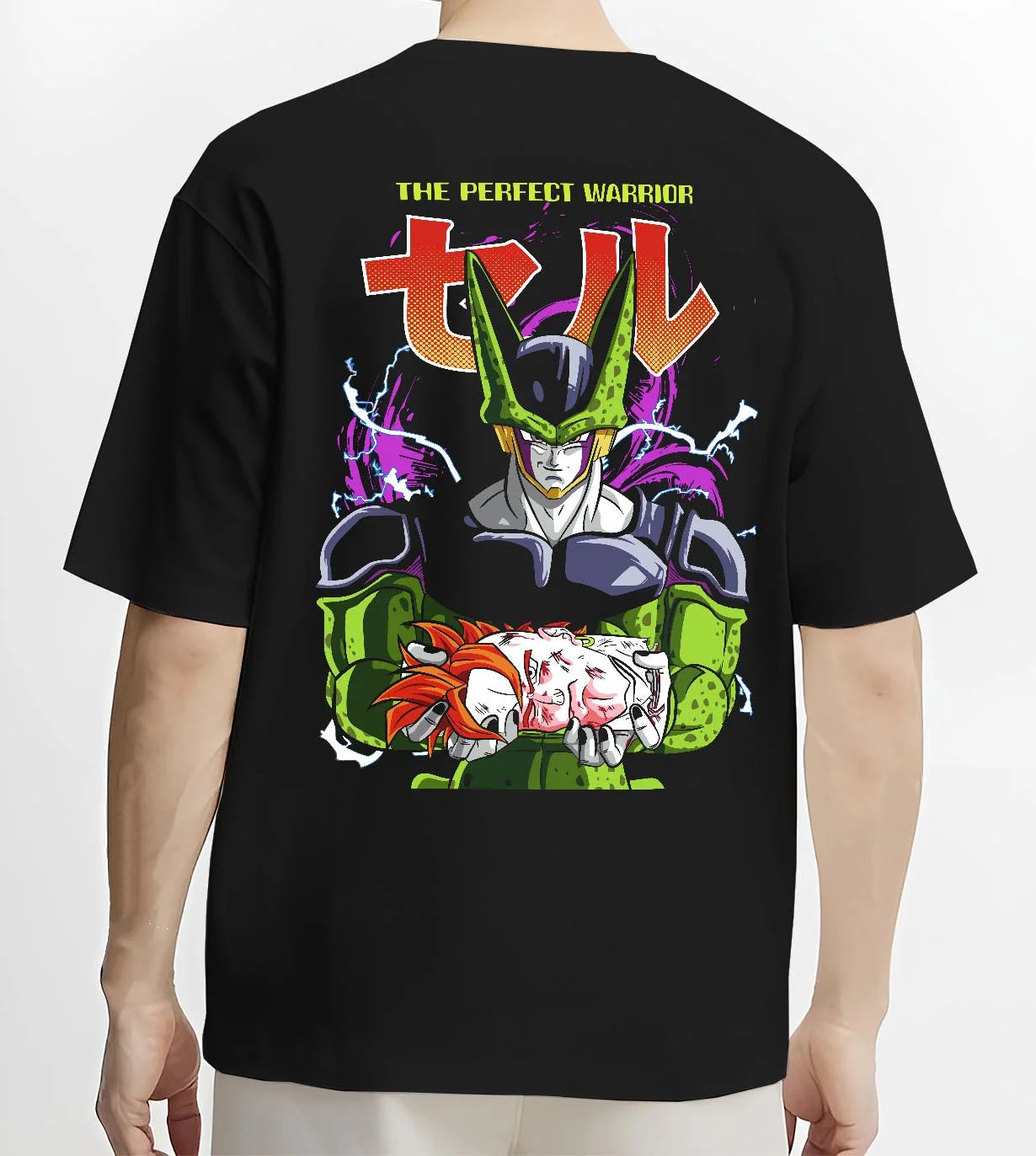 Black T-shirt worn by male model, back view with Perfect Cell Hoodie Dragon Ball Z Warrior Form Pose graphic Cell themed artwork.