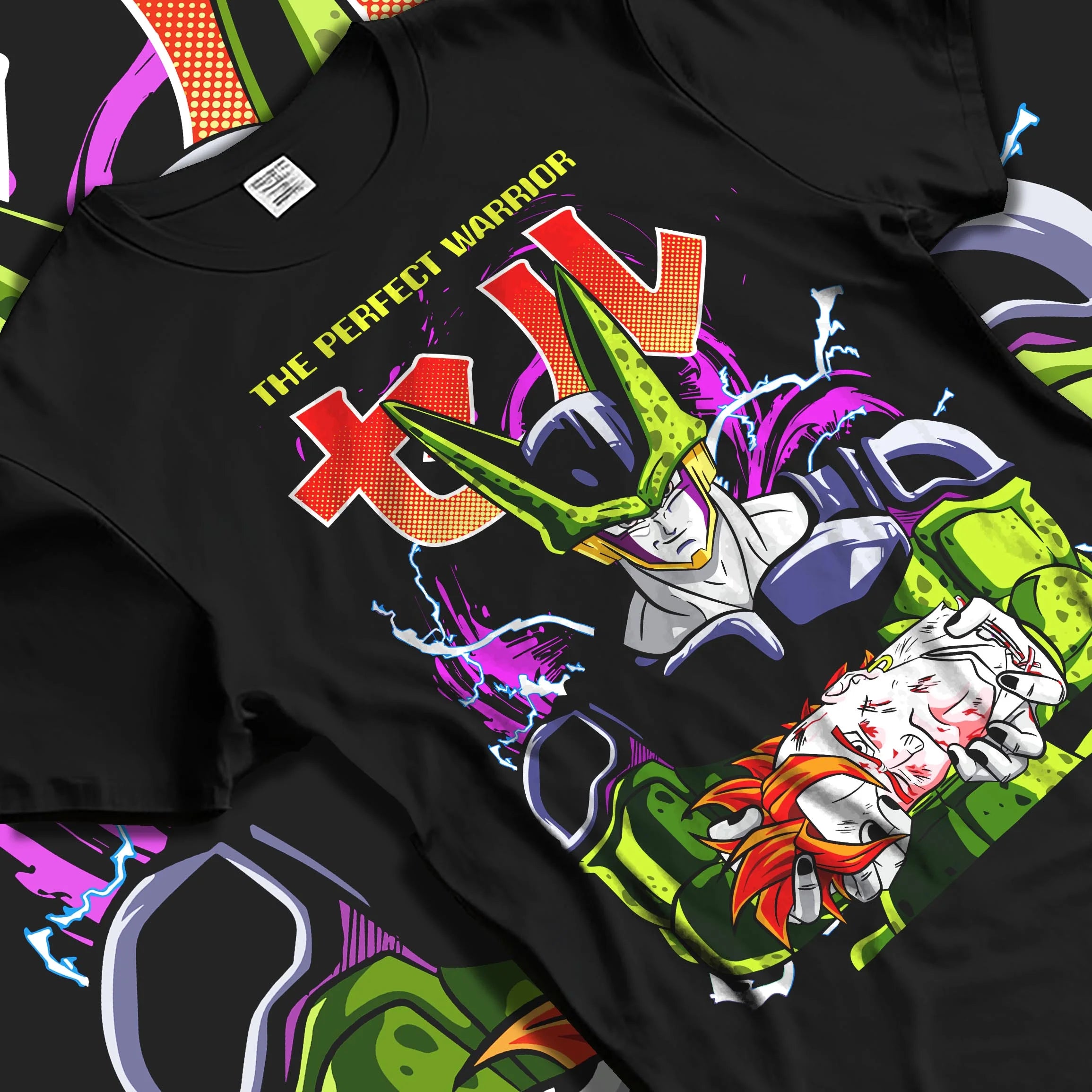 Black T-shirt laid flat with natural folds with Perfect Cell Hoodie Dragon Ball Z Warrior Form Pose graphic premium wear.