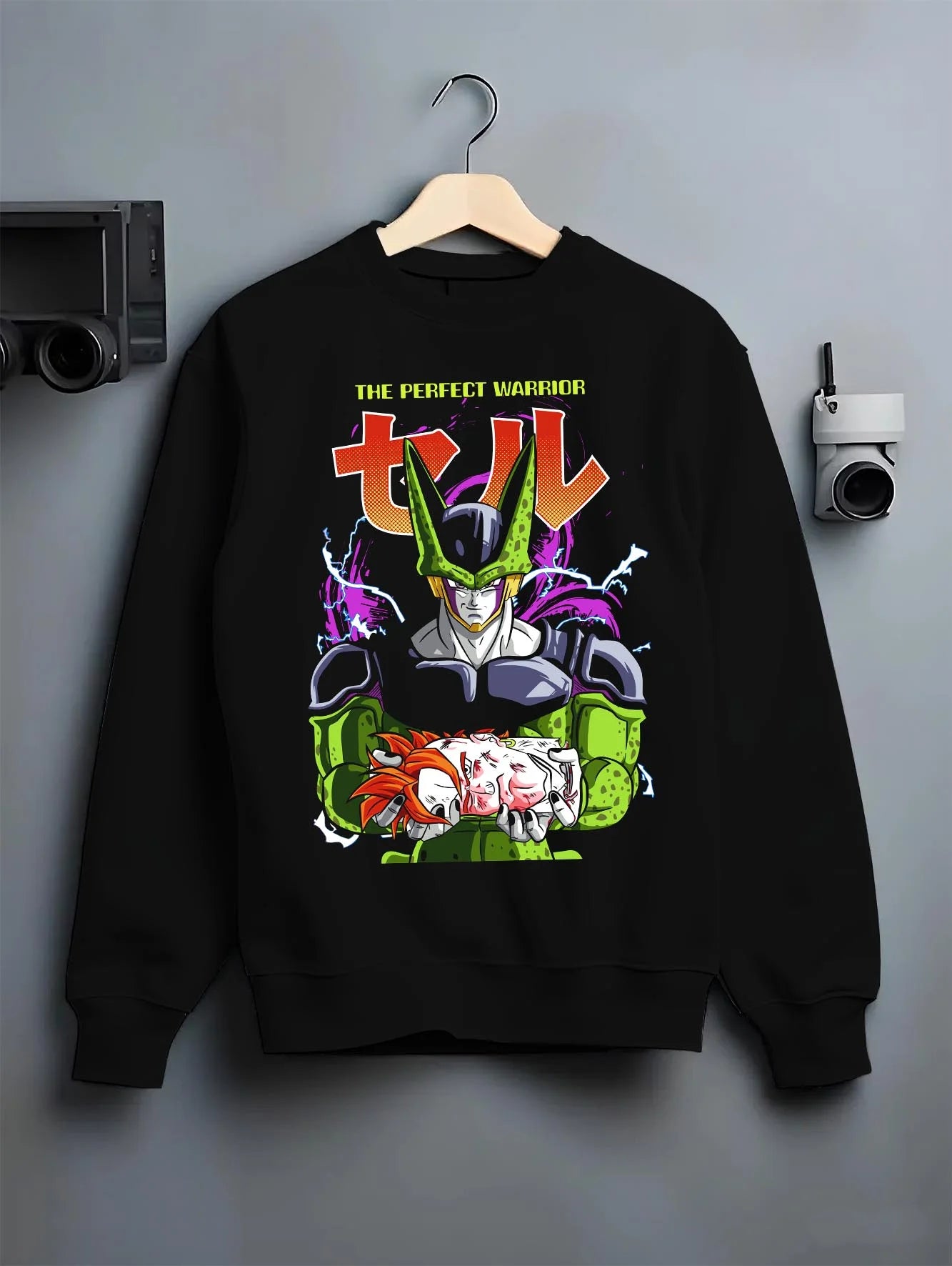 Black crewneck sweatshirt on hanger with Perfect Cell Hoodie Dragon Ball Z Warrior Form Pose graphic streetwear graphic.