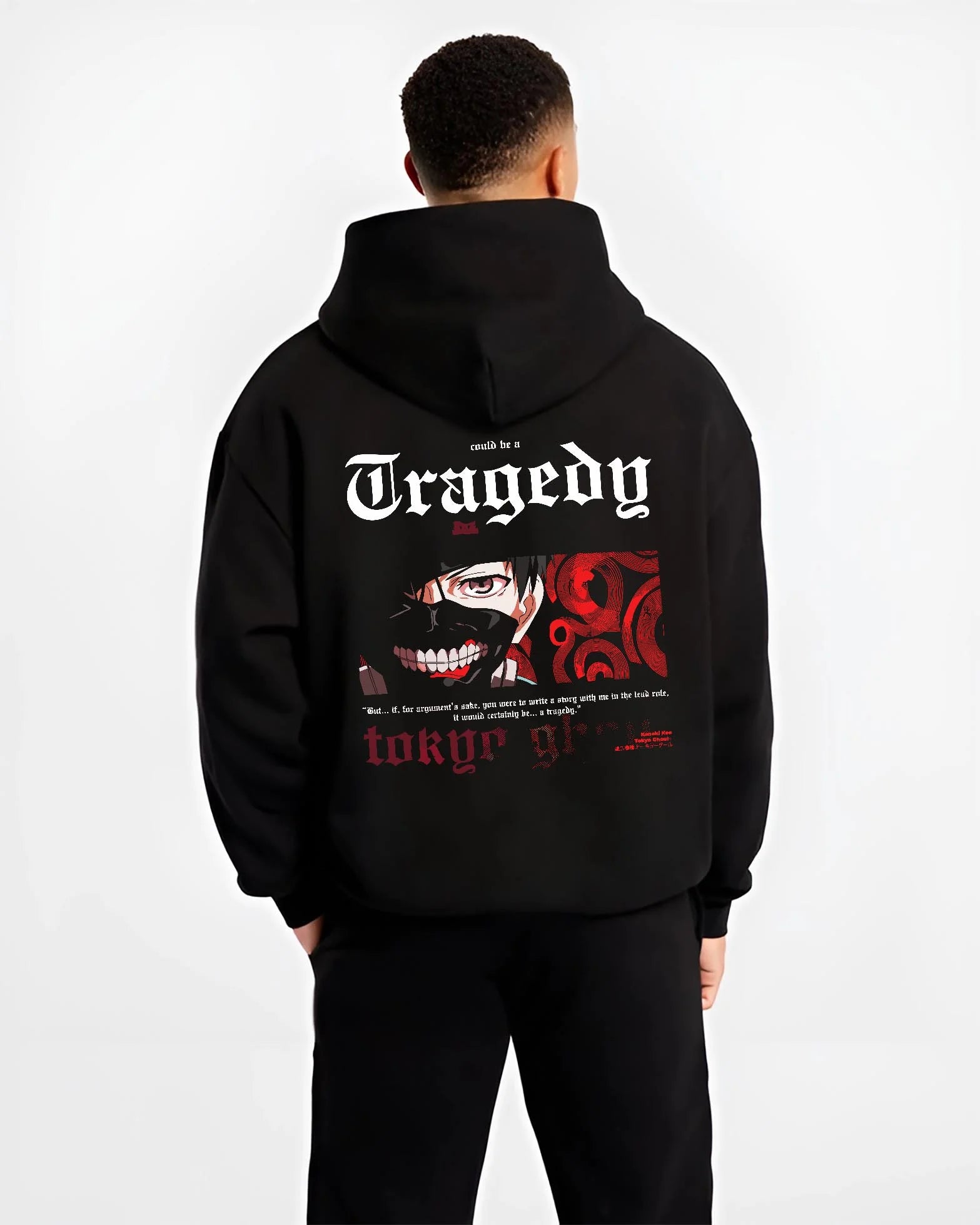 Black hoodie worn by male model, back view with Tokyo Ghoul Ken Kaneki Hoodie Centipede Form Jumper graphic bold anime graphic.