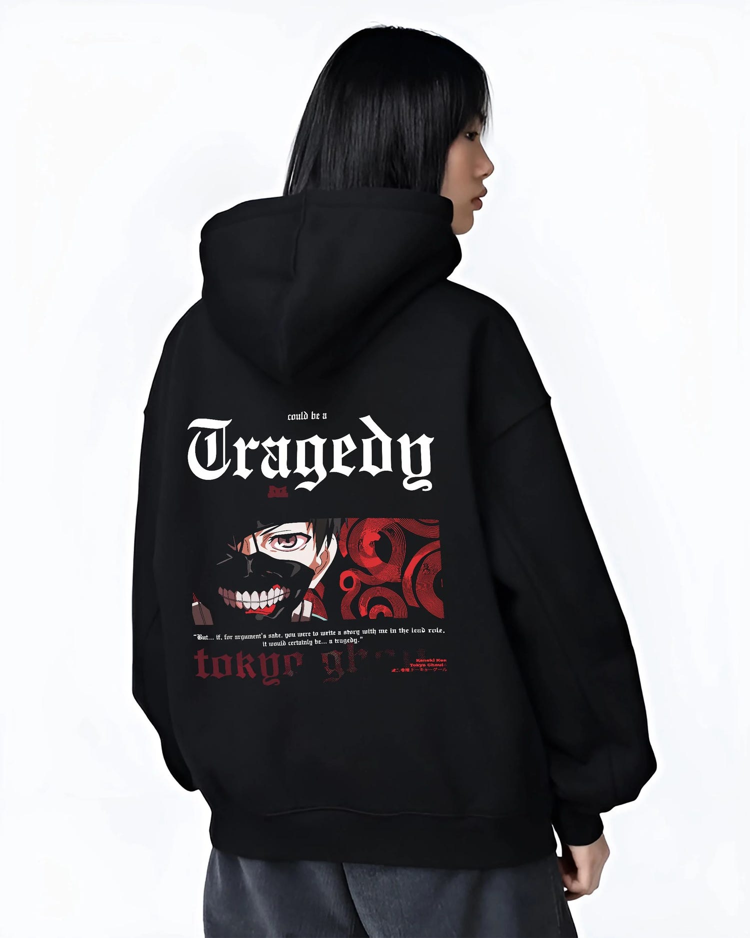 Black hoodie worn by female model, back view with Tokyo Ghoul Ken Kaneki Hoodie Centipede Form Jumper graphic streetwear graphic.