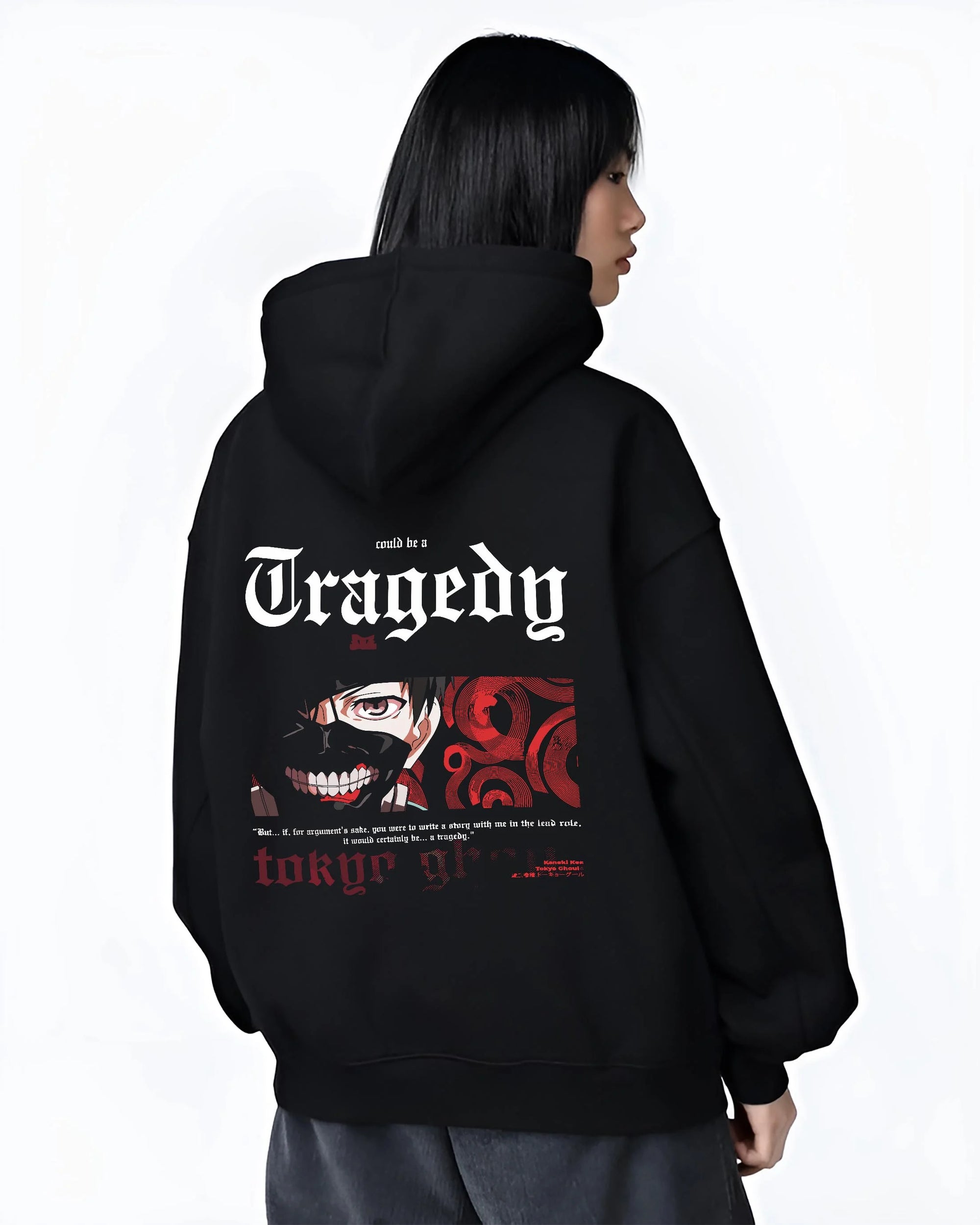 Black hoodie worn by female model, back view with Tokyo Ghoul Ken Kaneki Hoodie Centipede Form Jumper graphic streetwear graphic.