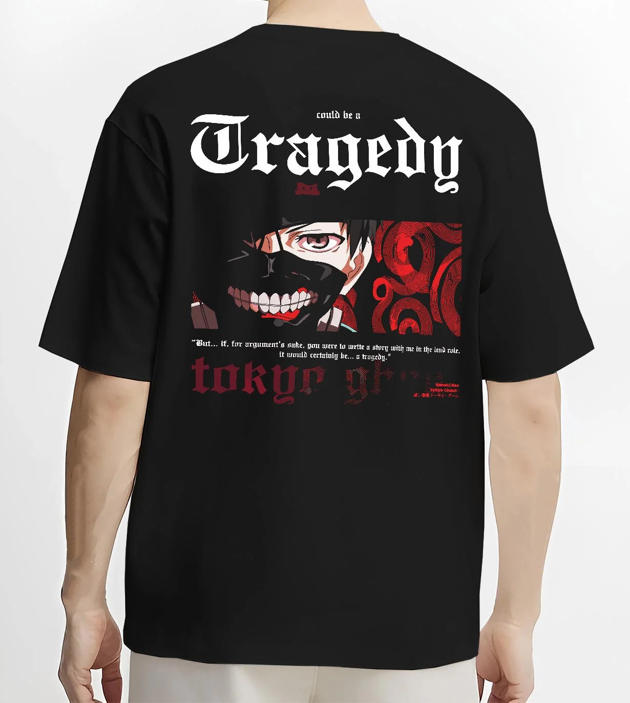 Black T-shirt worn by male model, back view with Tokyo Ghoul Ken Kaneki Hoodie Centipede Form Jumper graphic bold anime graphic.