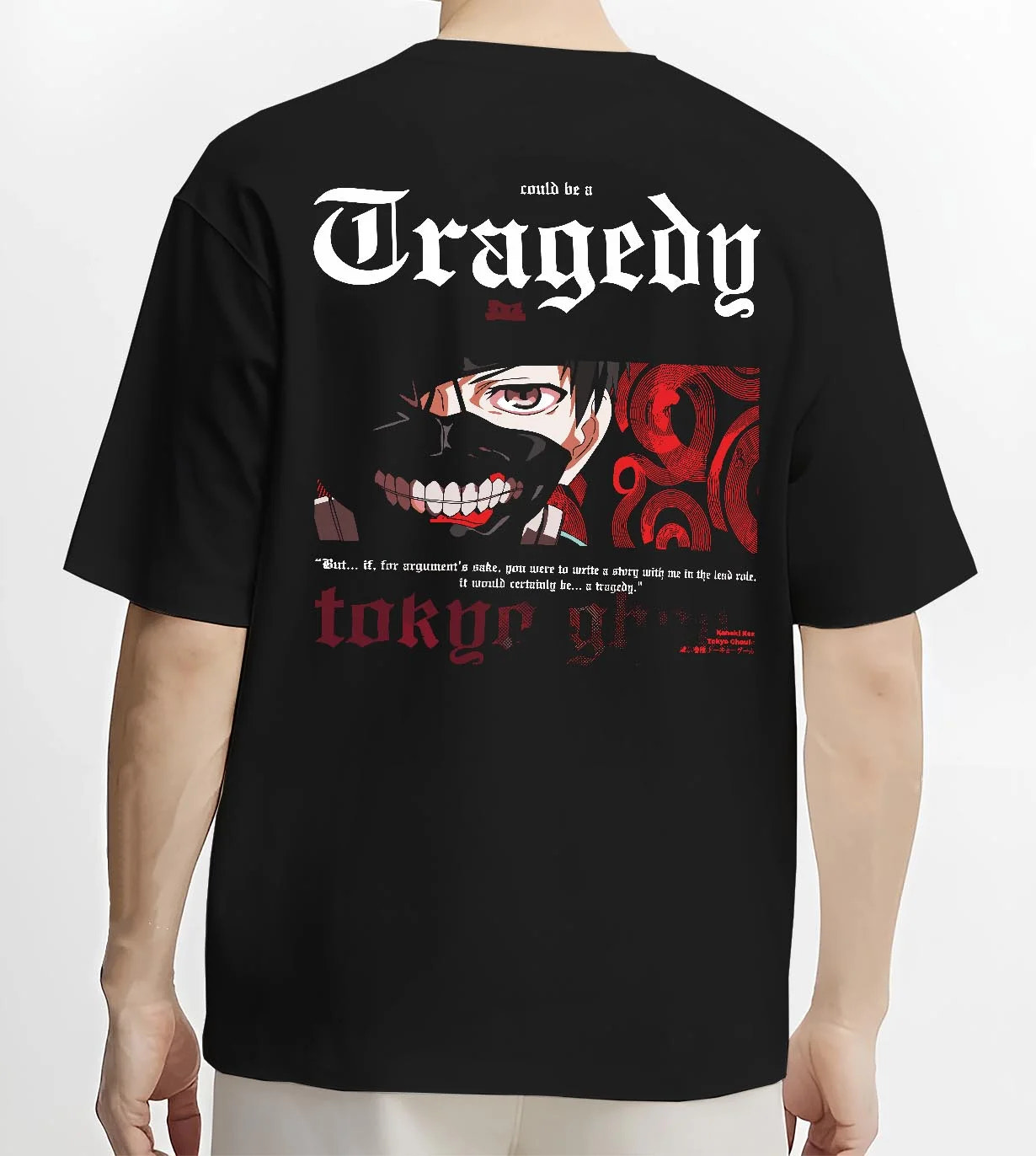Black T-shirt worn by male model, back view with Tokyo Ghoul Ken Kaneki Hoodie Centipede Form Jumper graphic bold anime graphic.