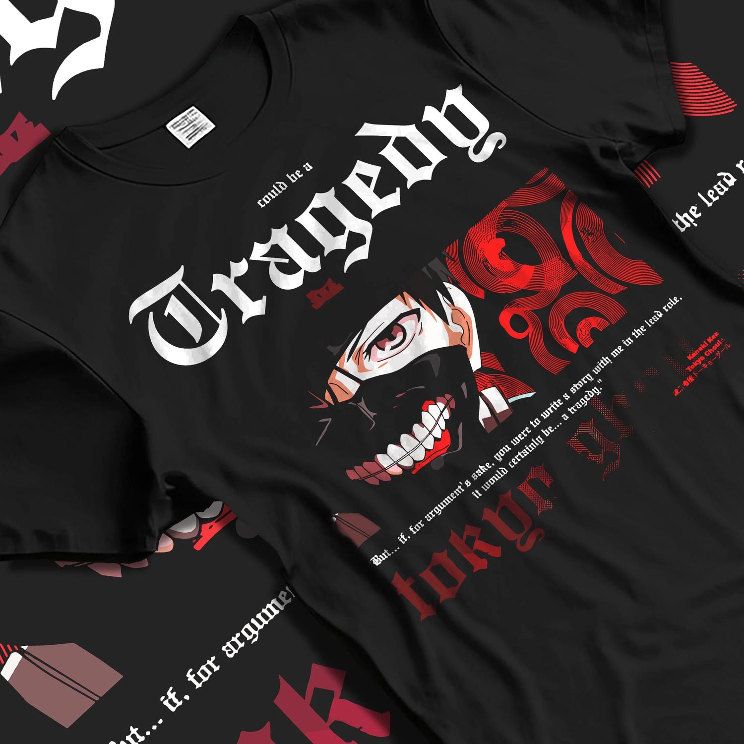 Black T-shirt laid flat with natural folds with Tokyo Ghoul Ken Kaneki Hoodie Centipede Form Jumper graphic premium wear.