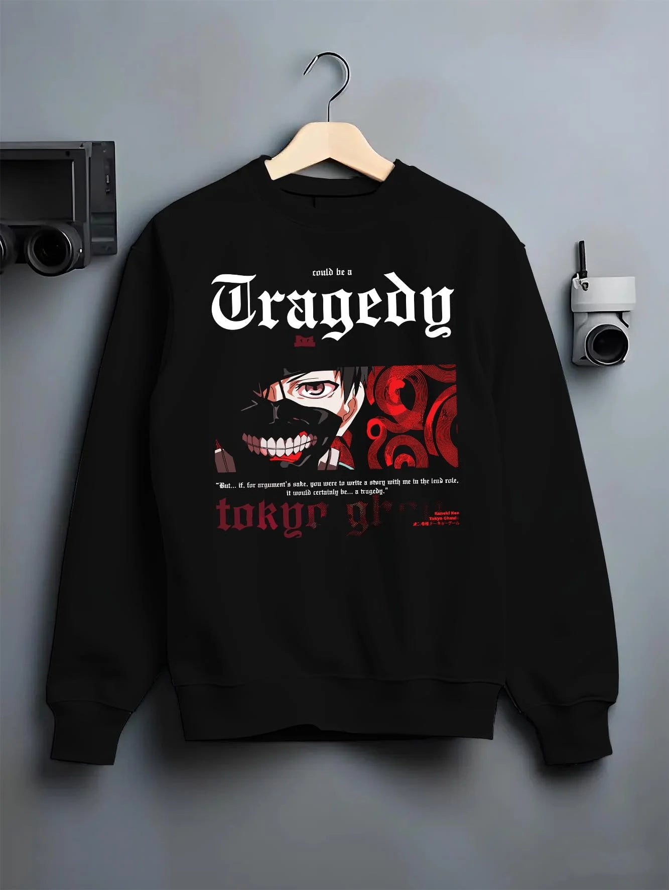 Black crewneck sweatshirt on hanger with Tokyo Ghoul Ken Kaneki Hoodie Centipede Form Jumper graphic bold anime graphic.